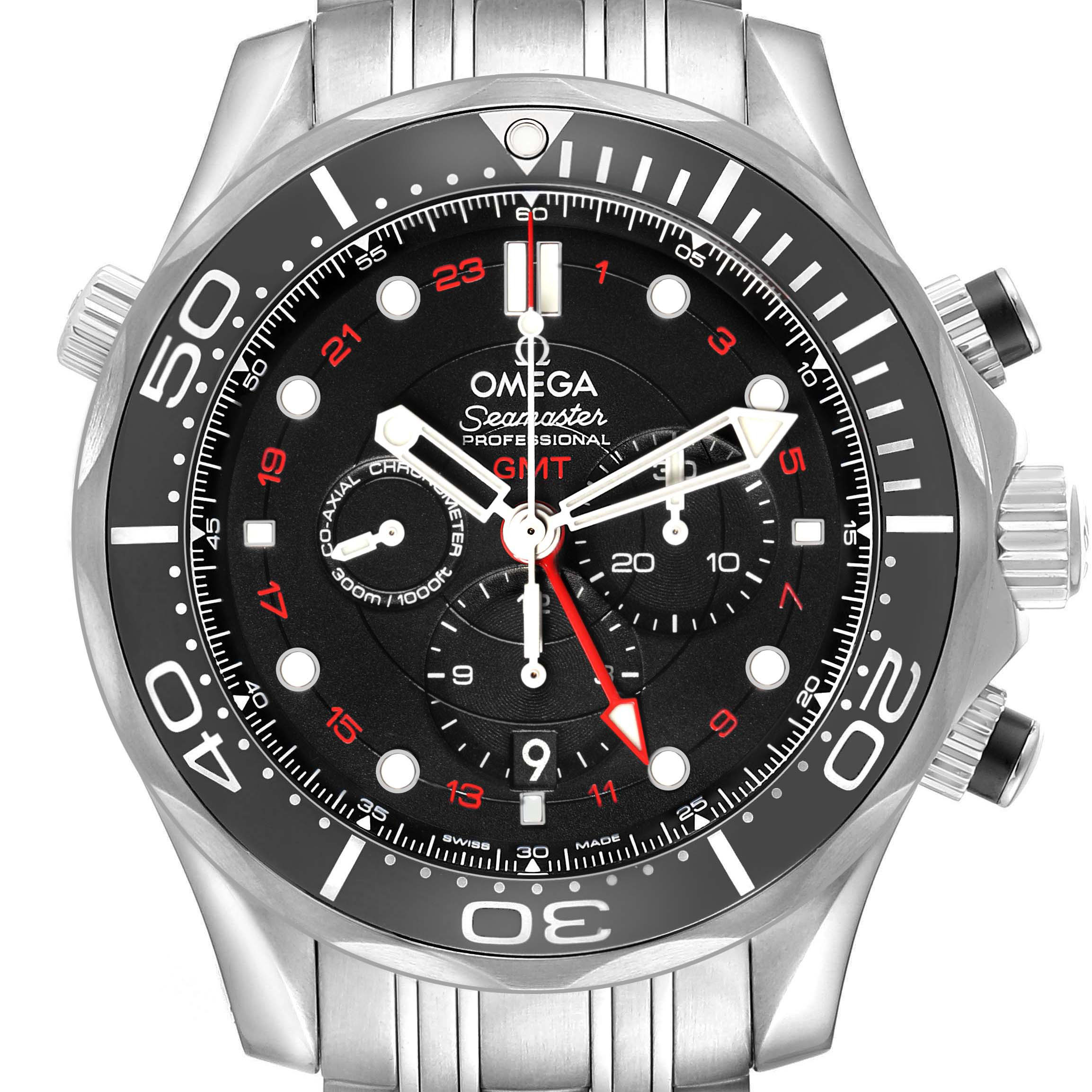 The Omega Seamaster 212.30.44.52.01.001 Men's Stainless Steel Black Dial watch is shown from a front-facing angle, highlighting its bezel, dial, hands, and pushers.