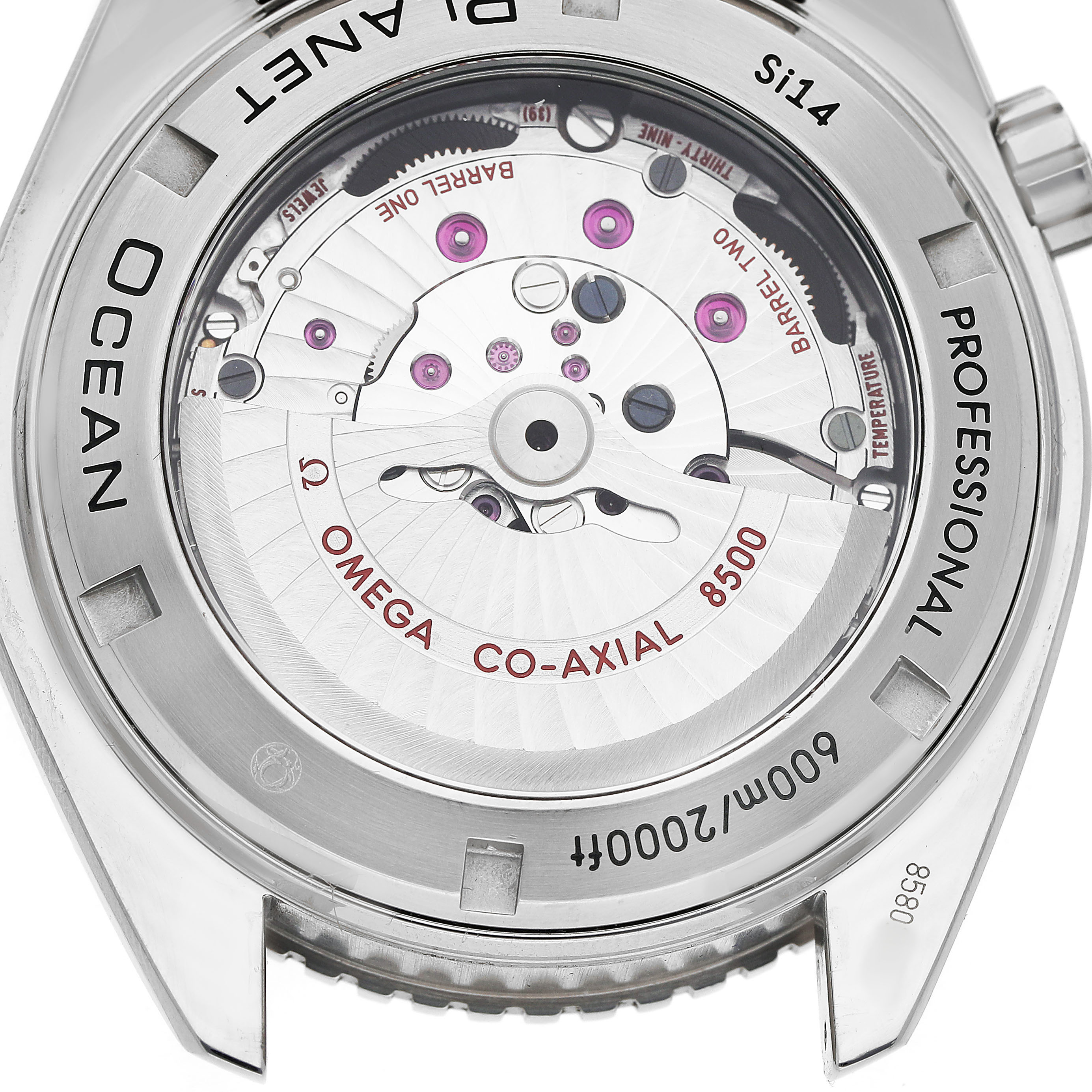 The image shows the back view of an Omega Planet Ocean 232.30.46.21.01.001 Men's Stainless Steel Black Dial watch, highlighting its Co-Axial 8500 movement.