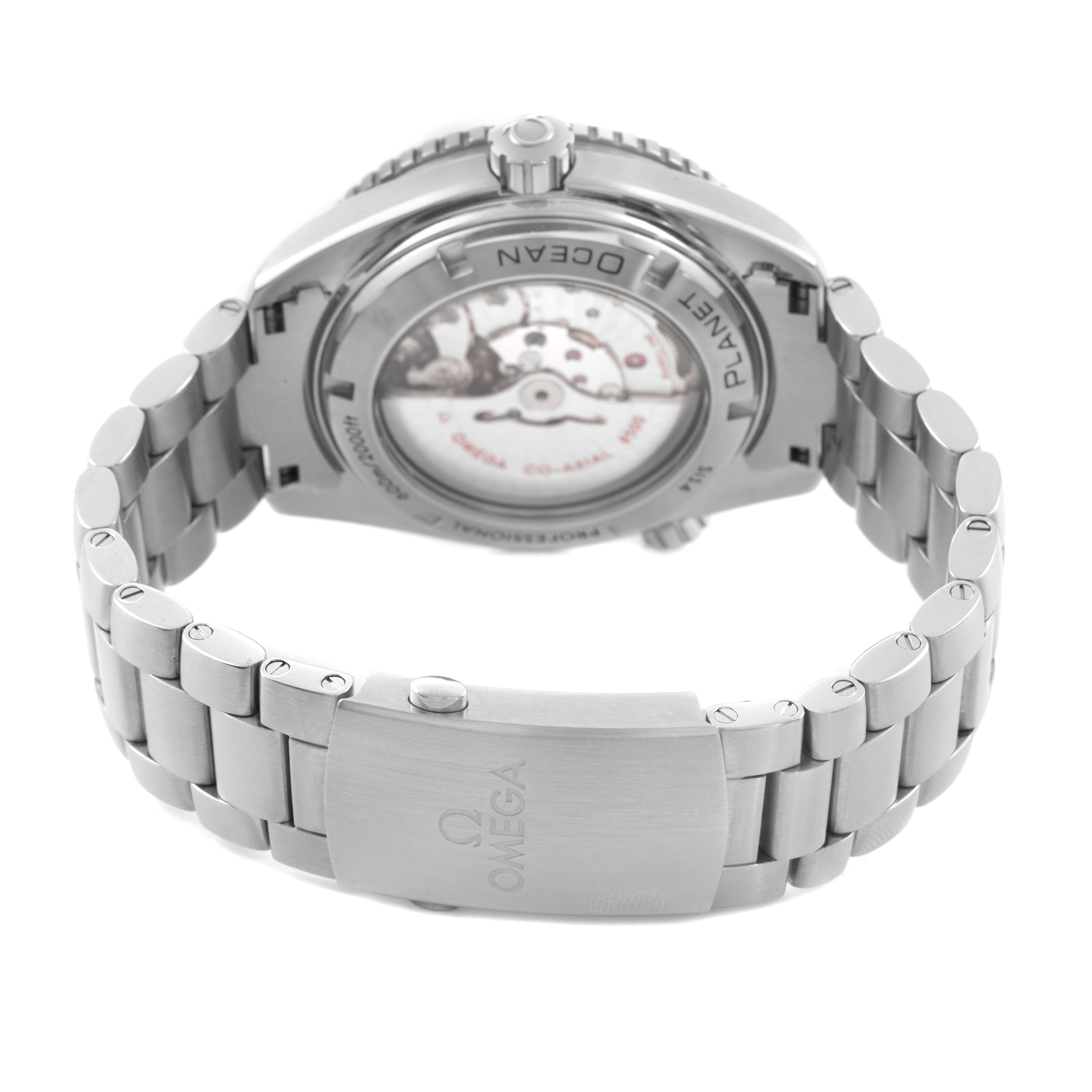 The Omega Planet Ocean 232.30.46.21.01.001 Men's Stainless Steel Black Dial watch is shown from the back, highlighting the exhibition case back and clasp on the bracelet.
