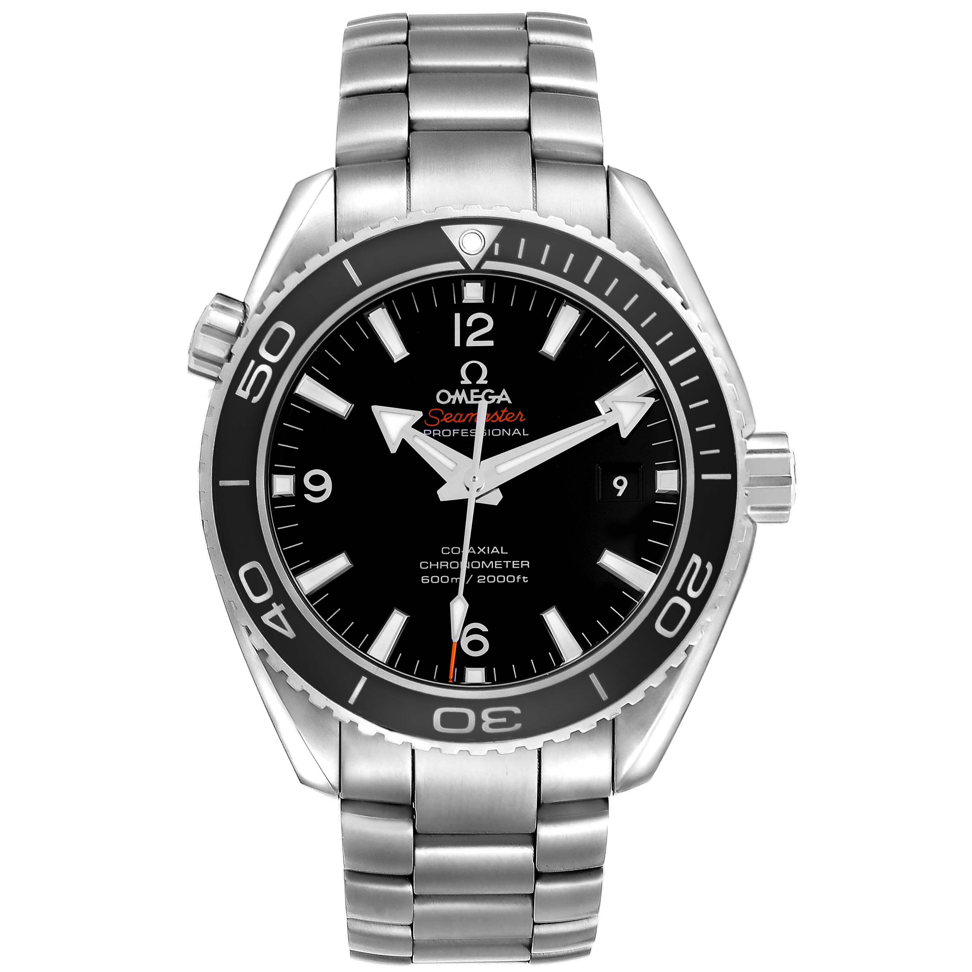 The Omega Planet Ocean 232.30.46.21.01.001 Men's Stainless Steel Black Dial watch is shown from the front, displaying its face, bezel, and bracelet.