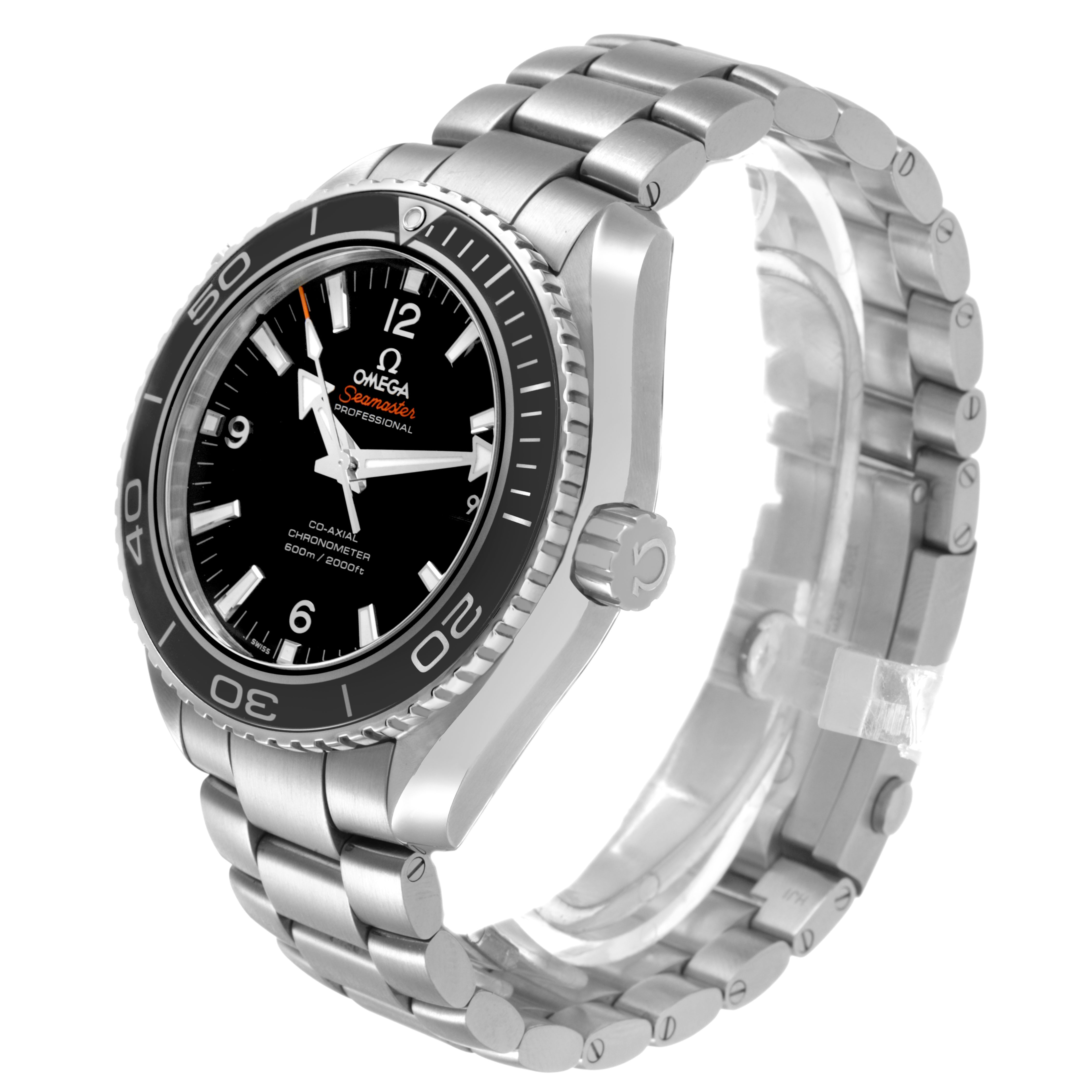 The Omega Planet Ocean 232.30.46.21.01.001 Men's Stainless Steel Black Dial watch is shown at a three-quarter angle, highlighting the bezel, dial, crown, and bracelet.