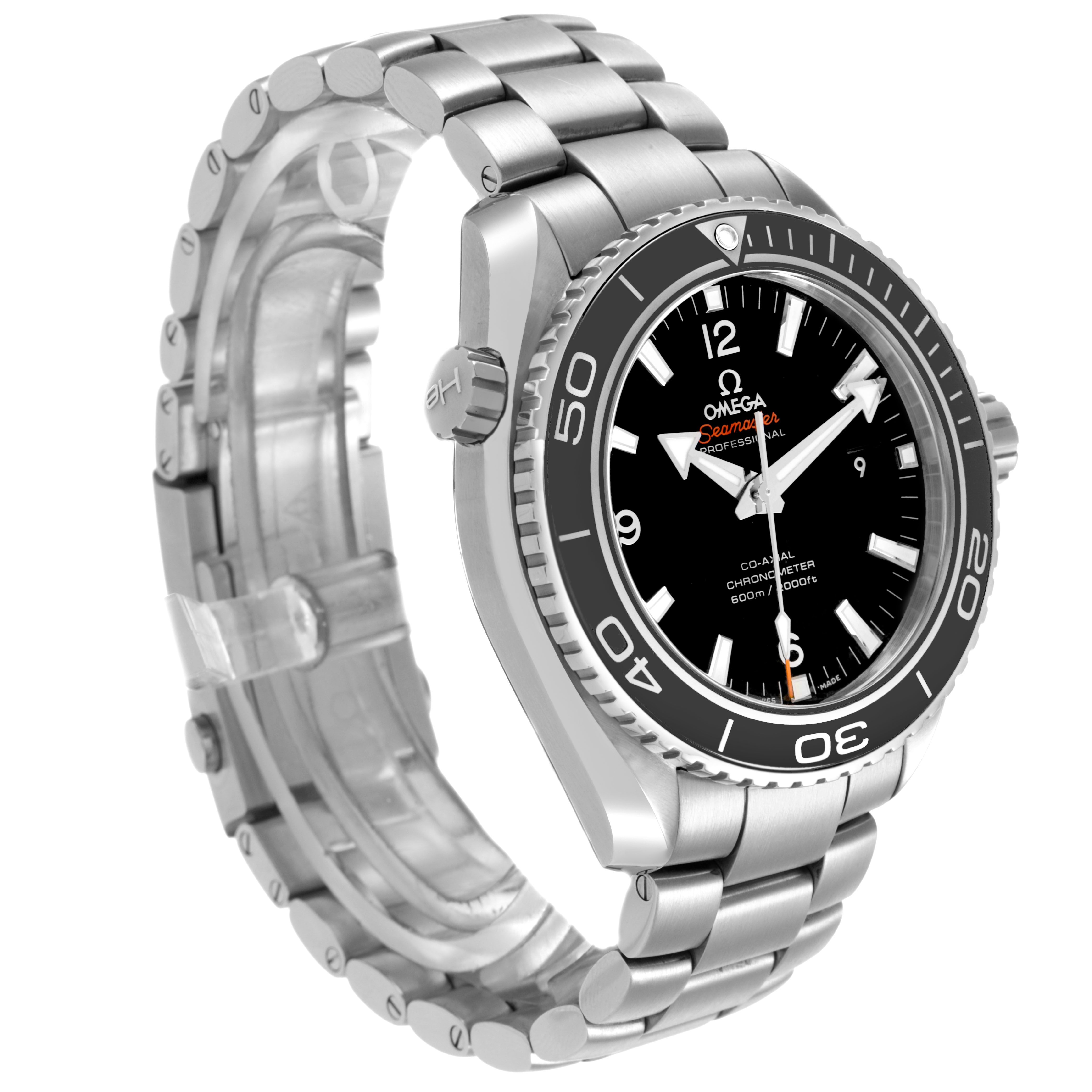 The Omega Planet Ocean 232.30.46.21.01.001 Men's Stainless Steel Black Dial watch is shown from a three-quarter angle, highlighting the face, bezel, and metal bracelet.