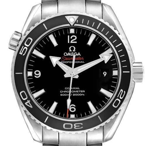The Omega Seamaster Planet Ocean watch is shown from the front, highlighting the bezel, dial, and hands.