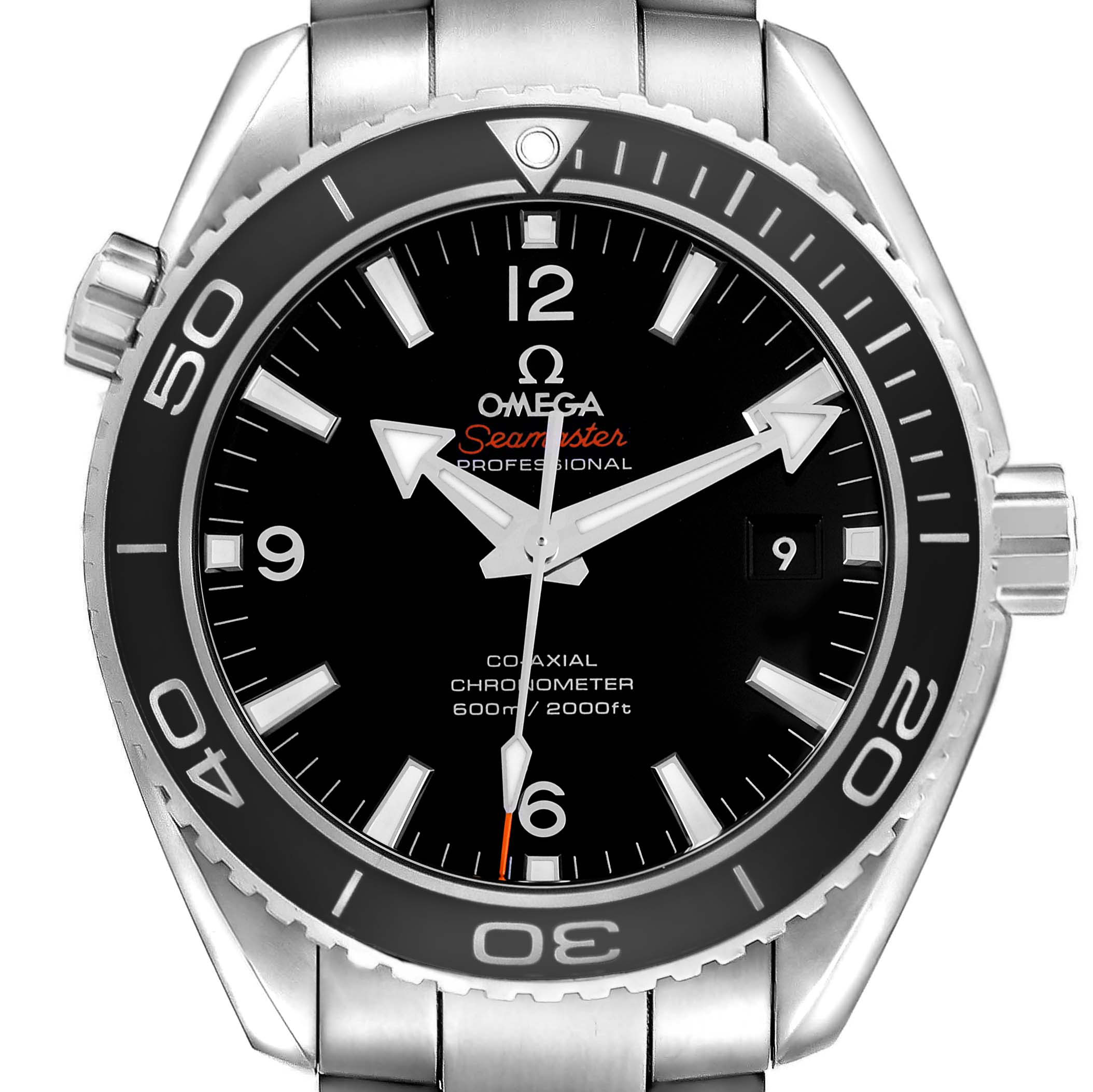 The Omega Planet Ocean 232.30.46.21.01.001 Men's Stainless Steel Black Dial watch is shown head-on, displaying the dial, hands, bezel, and part of the bracelet.