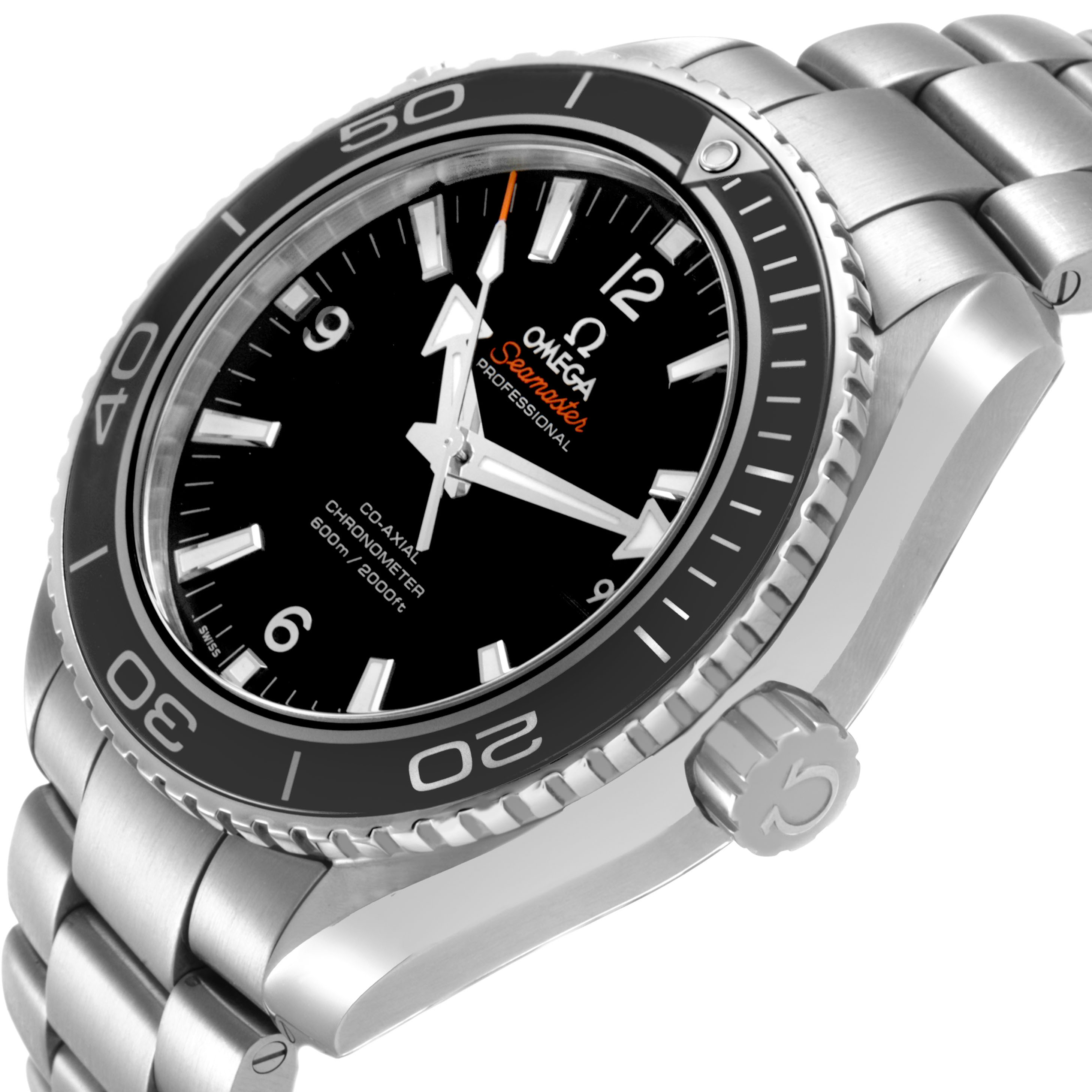 The Omega Planet Ocean 232.30.46.21.01.001 Men's Stainless Steel Black Dial watch is shown at a three-quarter angle, highlighting the bezel, dial, and bracelet.