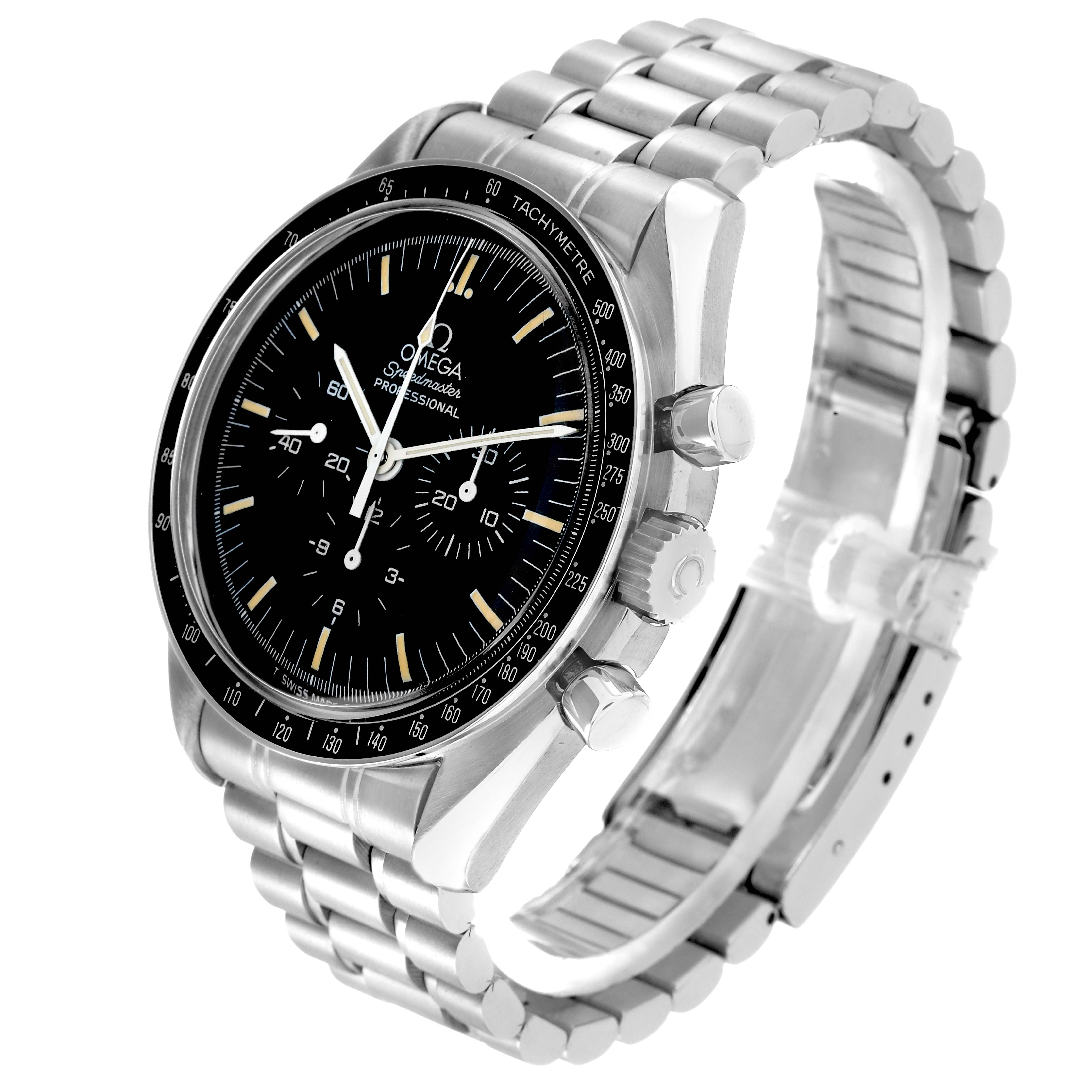The Omega Speedmaster 3590.50.00 Men
s Stainless Steel Black Dial watch is shown at a side angle, highlighting its bezel, dial, pushers, and metal bracelet.