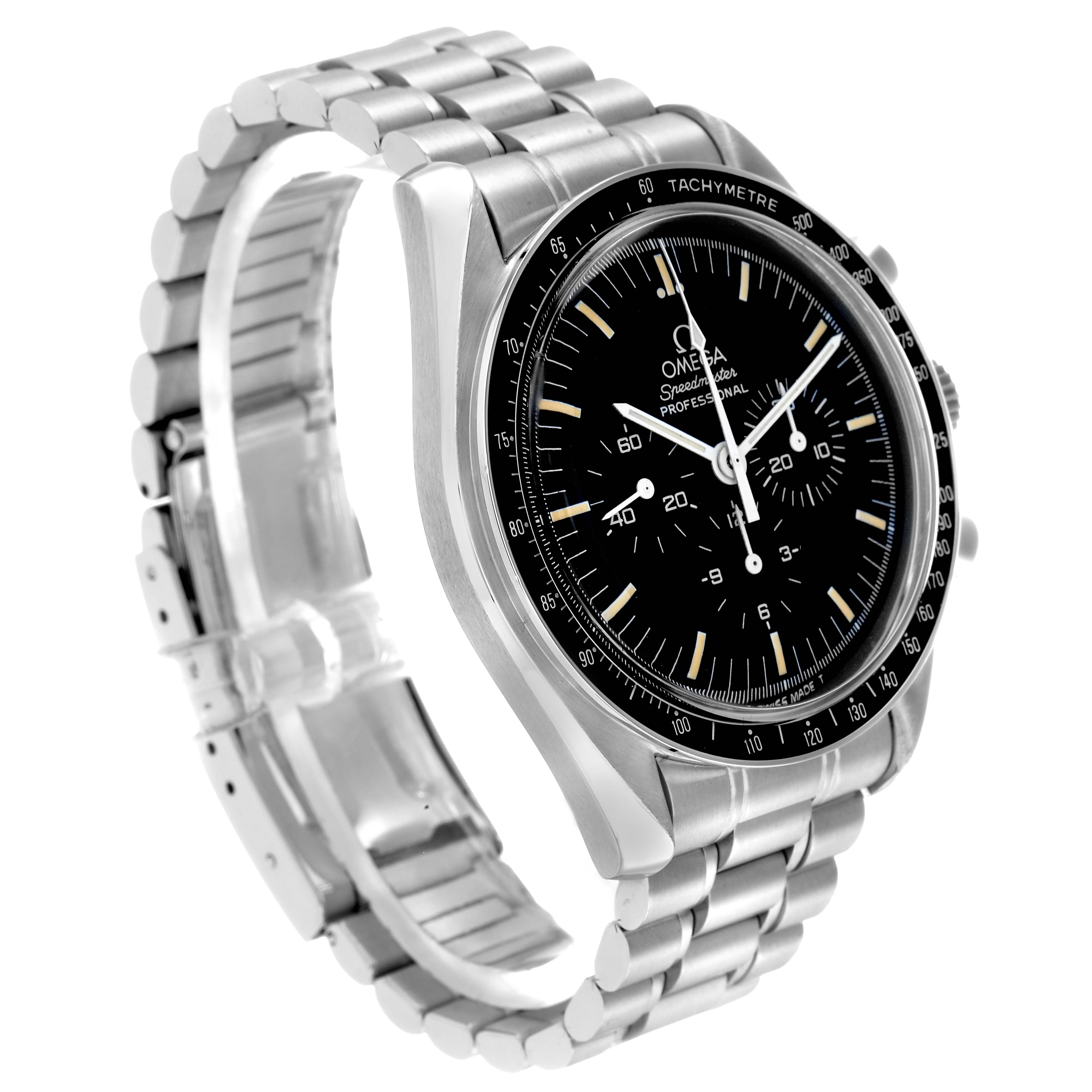 The Omega Speedmaster 3590.50.00 Men
s Stainless Steel Black Dial is shown at a three-quarter angle, displaying the watch face, bezel, and steel bracelet.