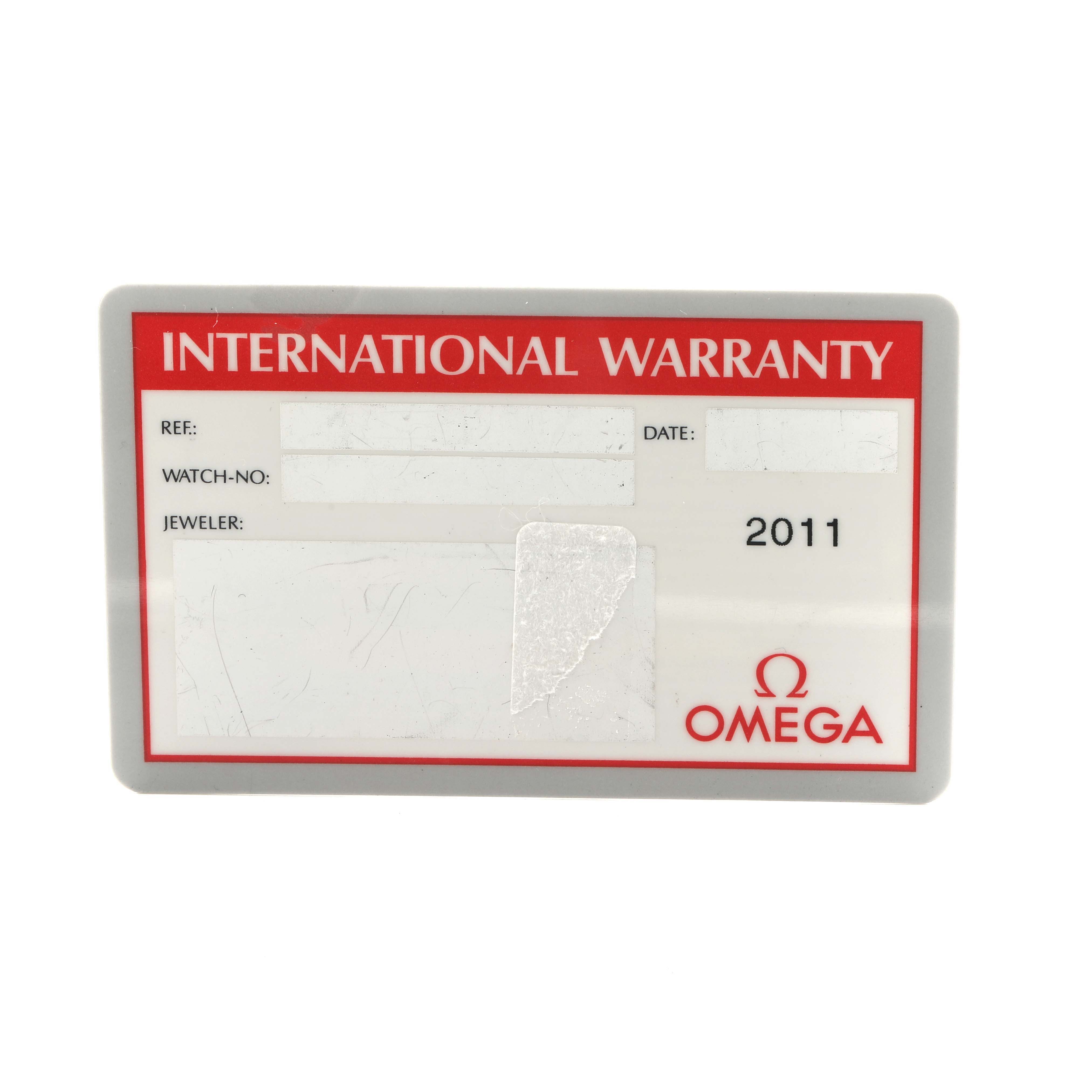 The image shows an "International Warranty" card for an Omega Speedmaster 3590.50.00 Men
s Stainless Steel Black Dial watch.