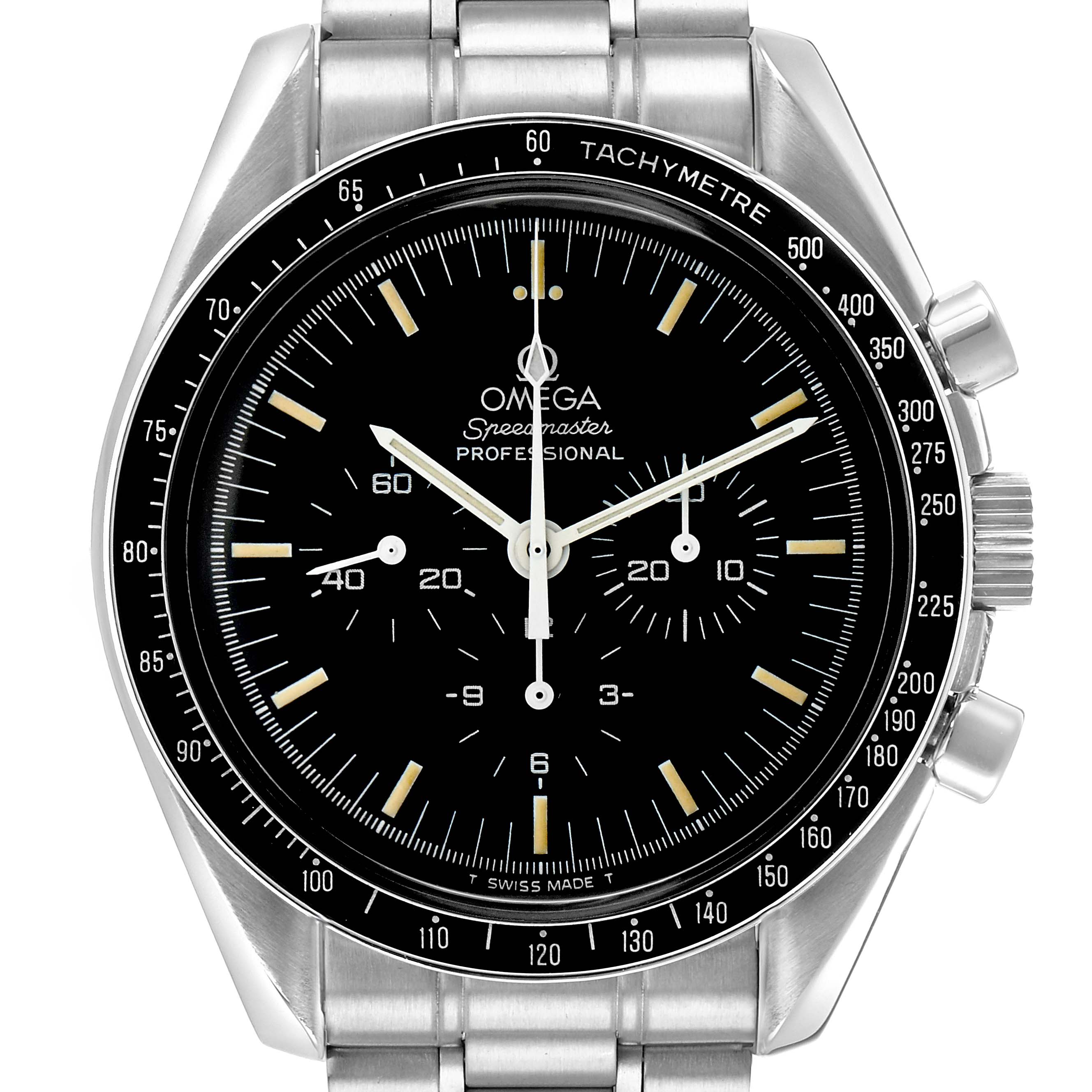 The Omega Speedmaster 3590.50.00 Men
s Stainless Steel Black Dial watch is shown from a front angle, displaying its bezel, dial, and subdials clearly.