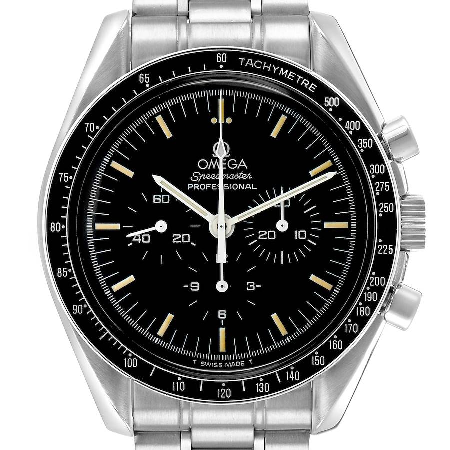 The Omega Speedmaster 3590.50.00 Men
s Stainless Steel Black Dial watch is shown from a front angle, displaying its bezel, dial, and subdials clearly.