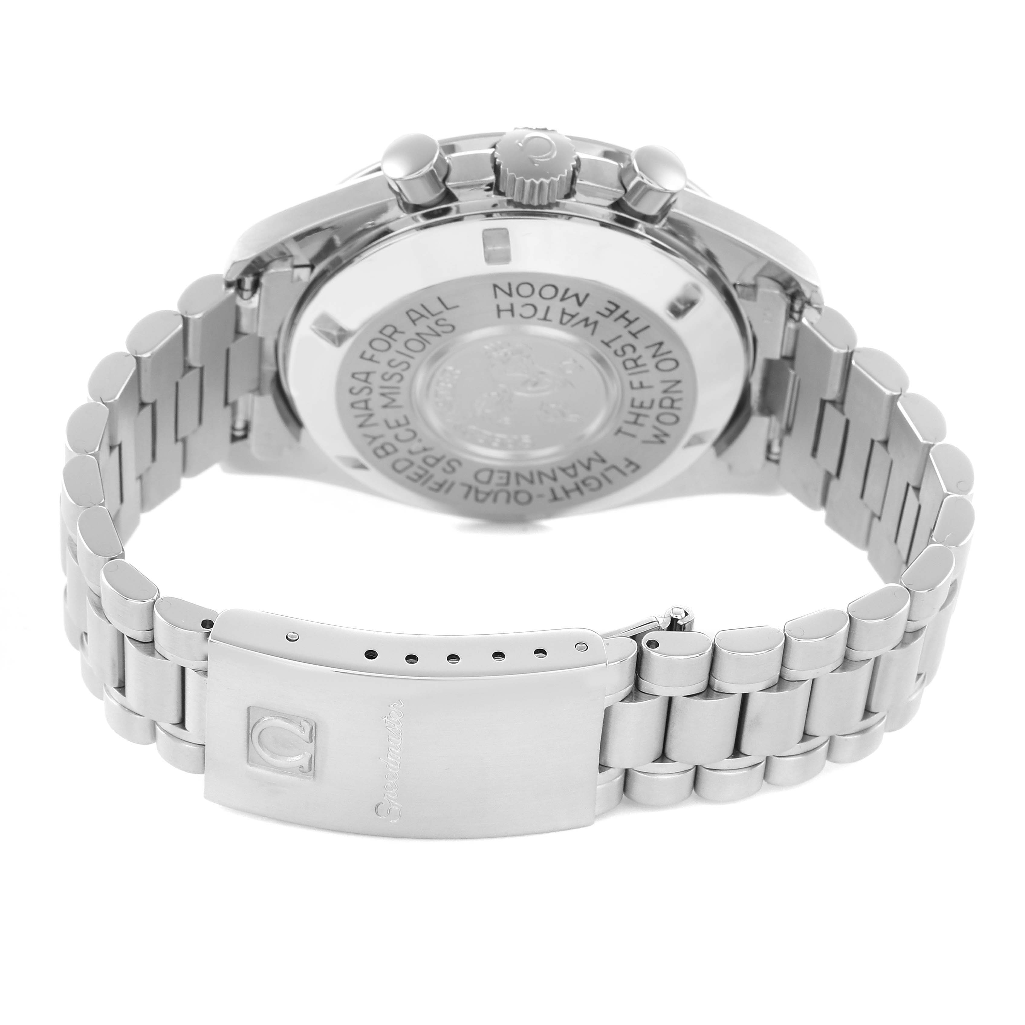 The image shows the back and clasp of an Omega Speedmaster 3590.50.00 Men
s Stainless Steel Black Dial, highlighting the case back and metal bracelet.