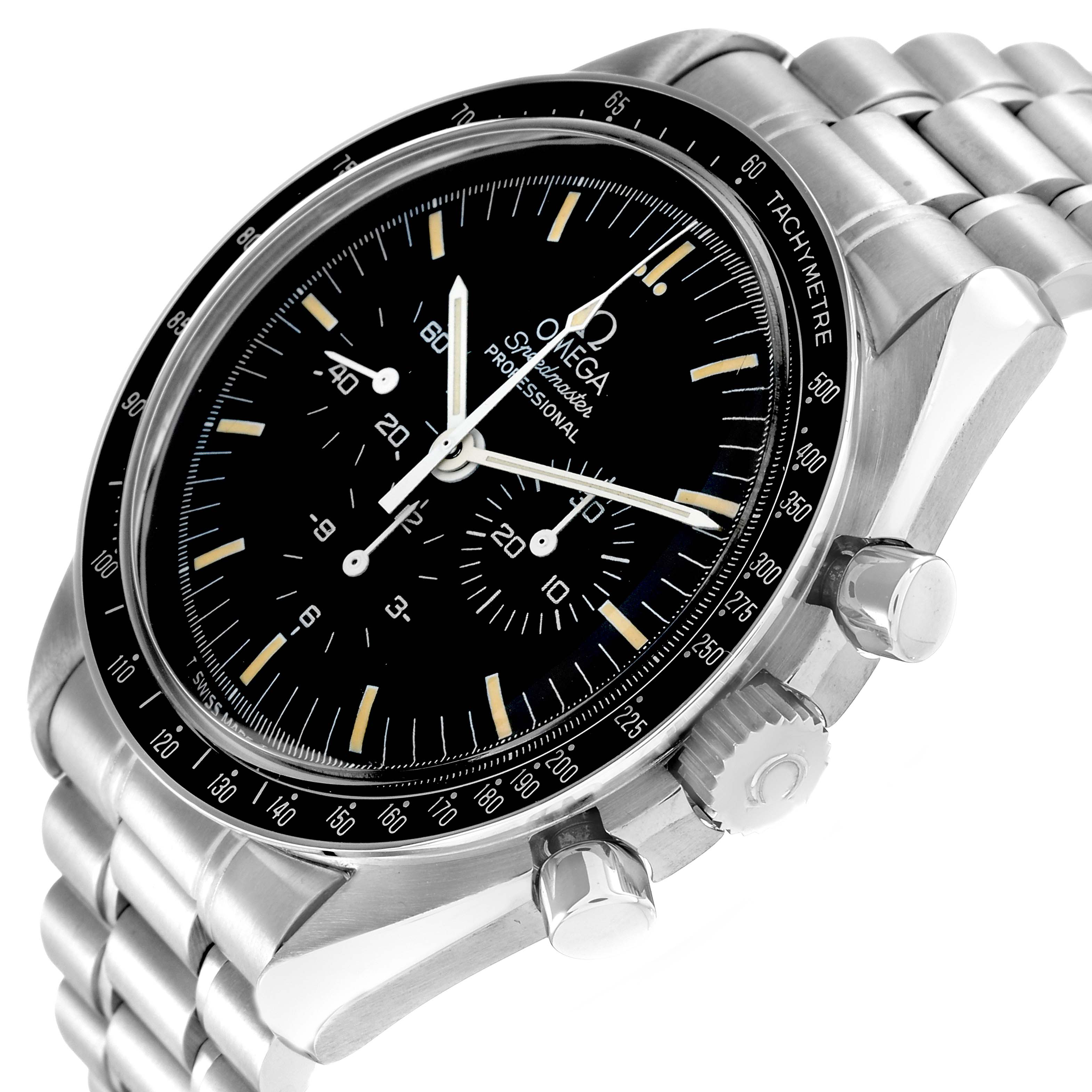 The Omega Speedmaster 3590.50.00 Men
s Stainless Steel Black Dial watch is shown at an angle highlighting the dial, bezel, chronograph sub-dials, crown, and pushers.