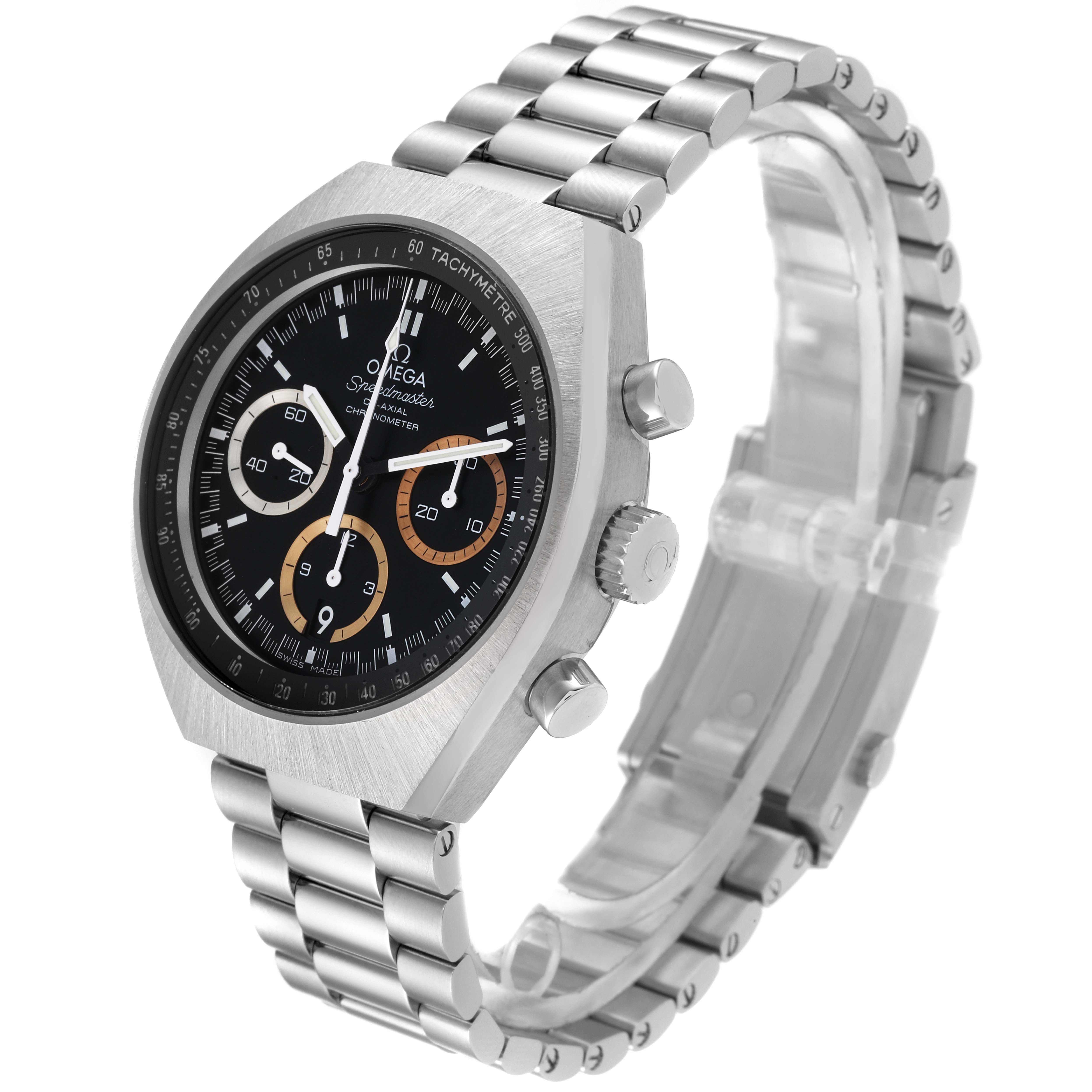 The Omega Speedmaster 522.10.43.50.01.001 Men's Stainless Steel Black Dial 522.10.43.50.01.001 Men's Stainless Steel Black Dial watch is shown at a slight angle, highlighting its face, bezel, side buttons, and metal bracelet.