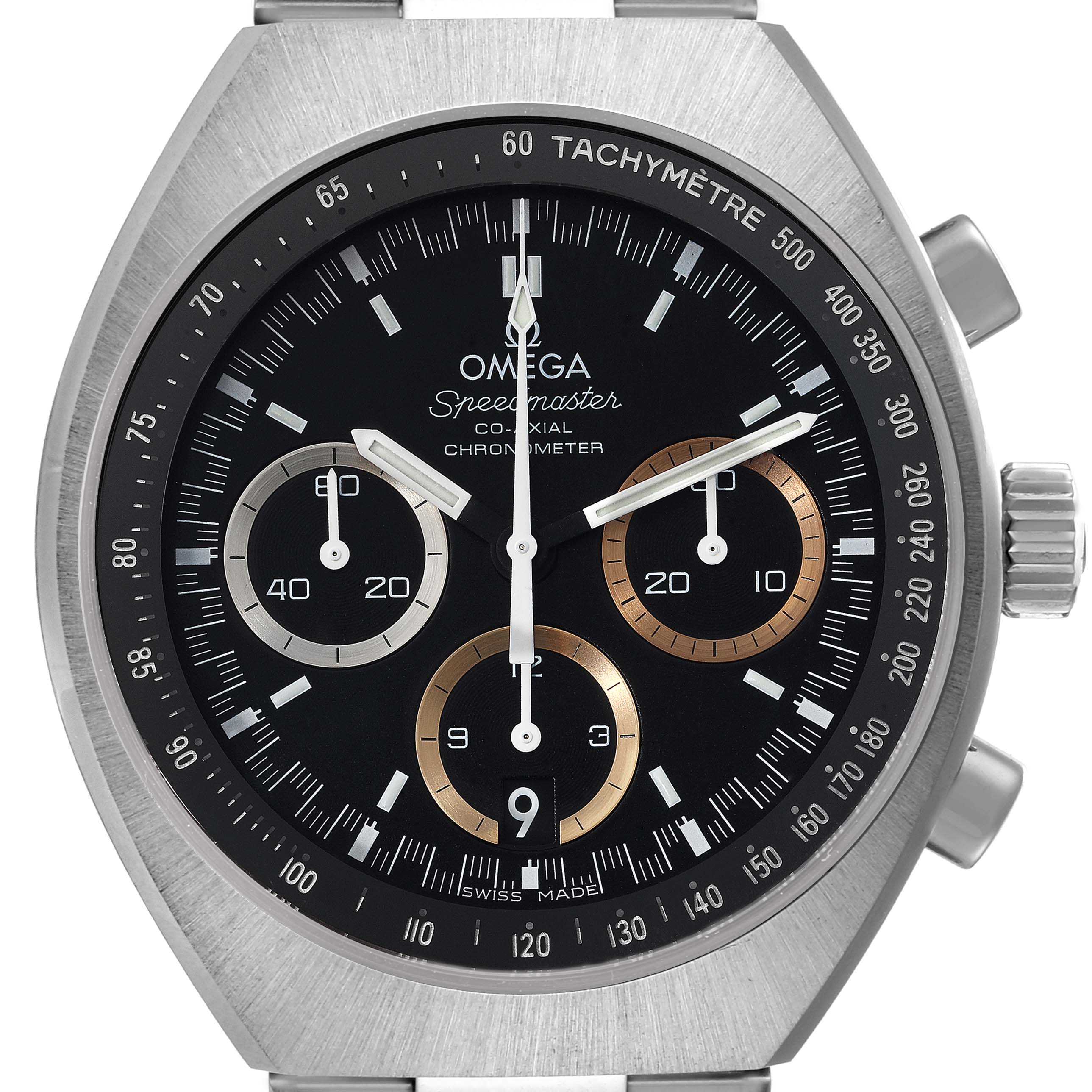 This image shows a close-up view of the Omega Speedmaster 522.10.43.50.01.001 Men's Stainless Steel Black Dial 522.10.43.50.01.001 Men's Stainless Steel Black Dial watch face, highlighting its chronograph dials and tachymeter bezel.