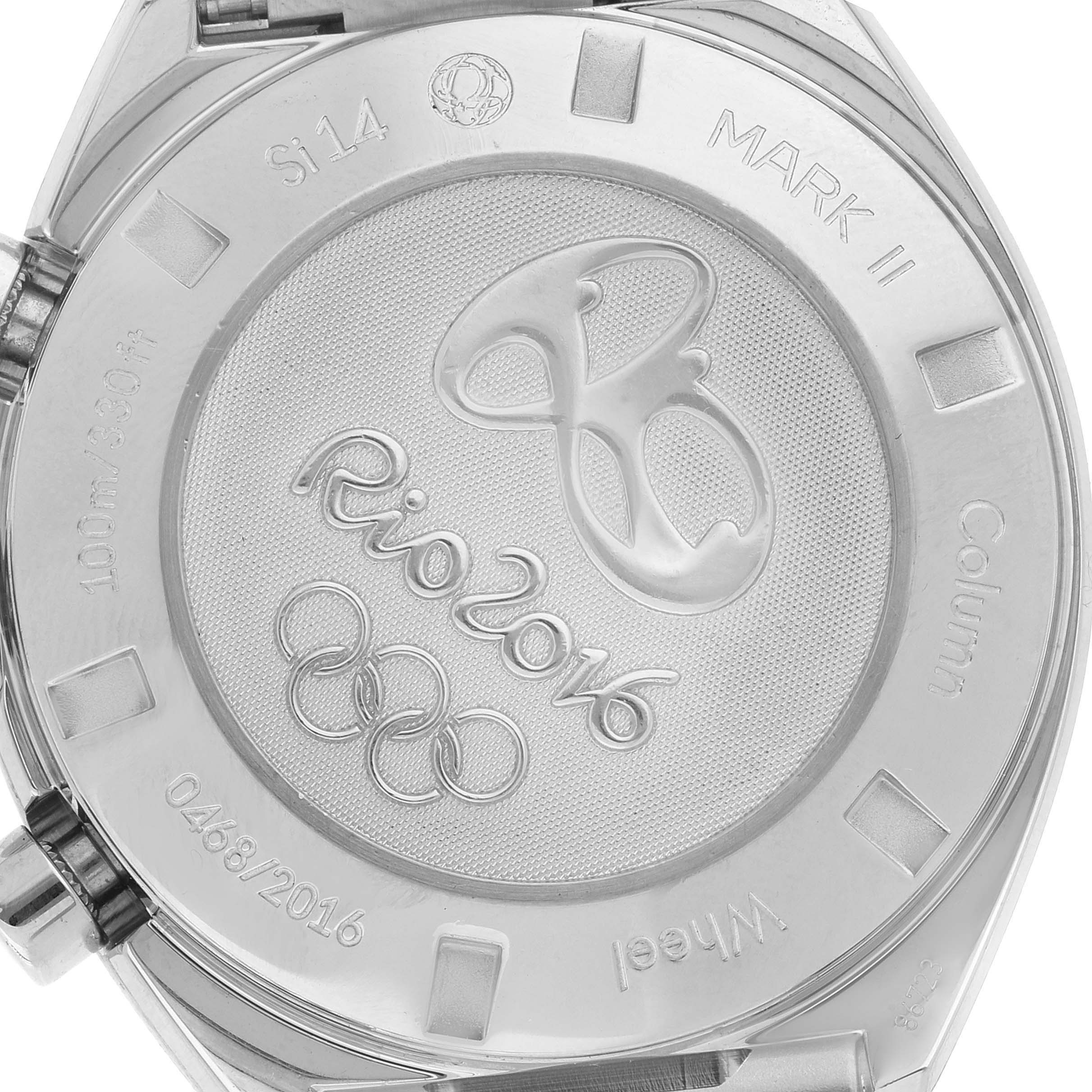 The image shows the back case of an Omega Speedmaster 522.10.43.50.01.001 Men's Stainless Steel Black Dial 522.10.43.50.01.001 Men's Stainless Steel Black Dial watch, engraved with "Rio 2016" and Olympic rings.