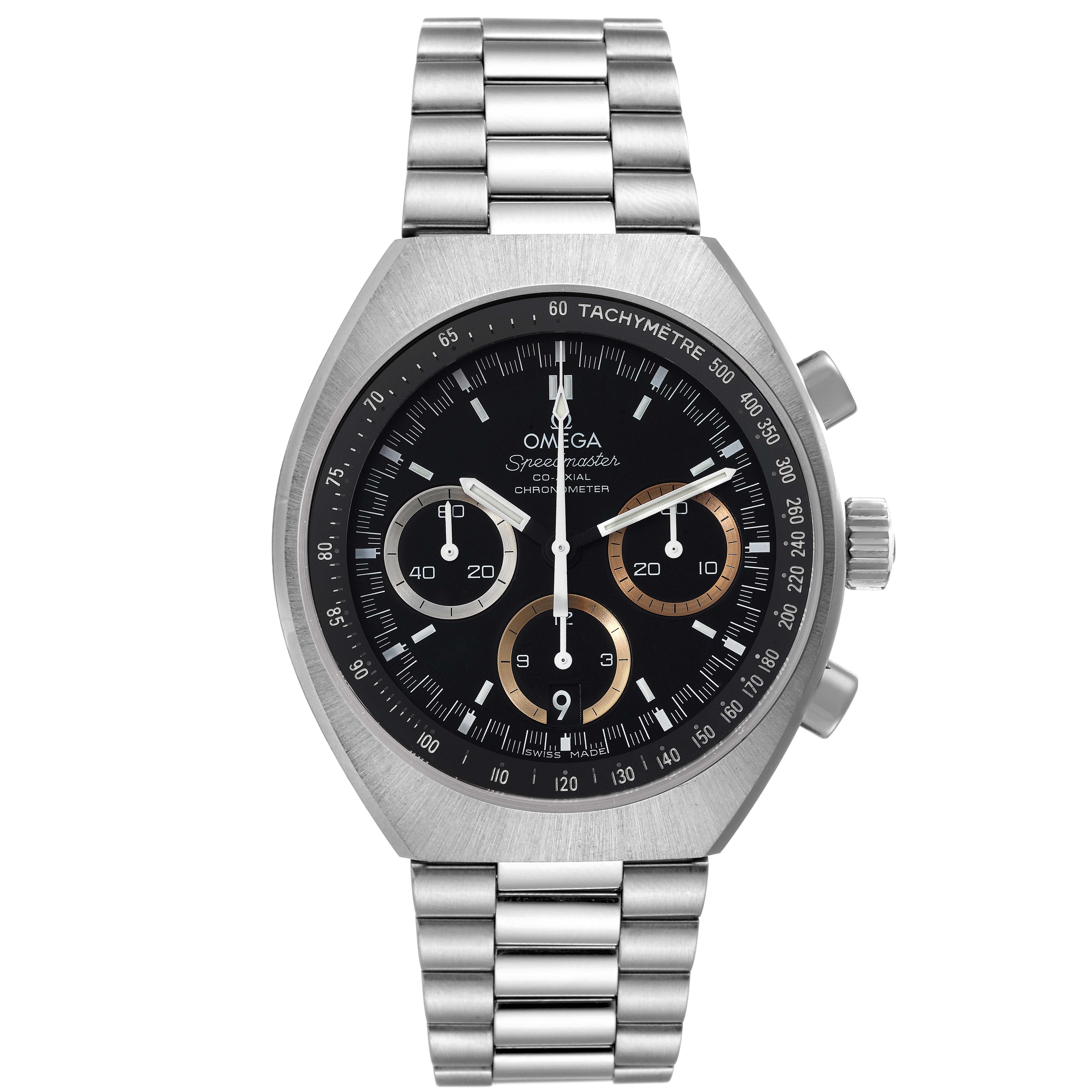 The image shows a front view of the Omega Speedmaster 522.10.43.50.01.001 Men's Stainless Steel Black Dial 522.10.43.50.01.001 Men's Stainless Steel Black Dial watch, highlighting its dial, bezel, buttons, and metal bracelet.