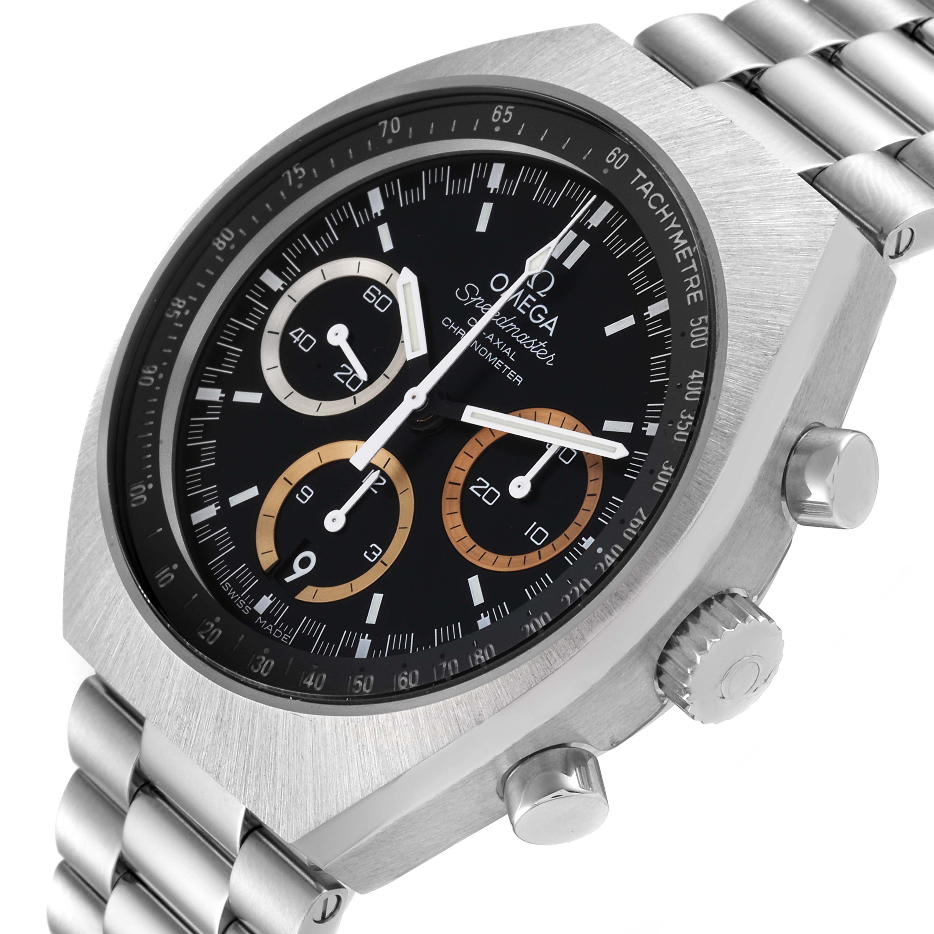 The Omega Speedmaster 522.10.43.50.01.001 Men's Stainless Steel Black Dial 522.10.43.50.01.001 Men's Stainless Steel Black Dial watch is shown at a slight angle from the front and side, showcasing its dial, crown, and stainless steel bracelet.