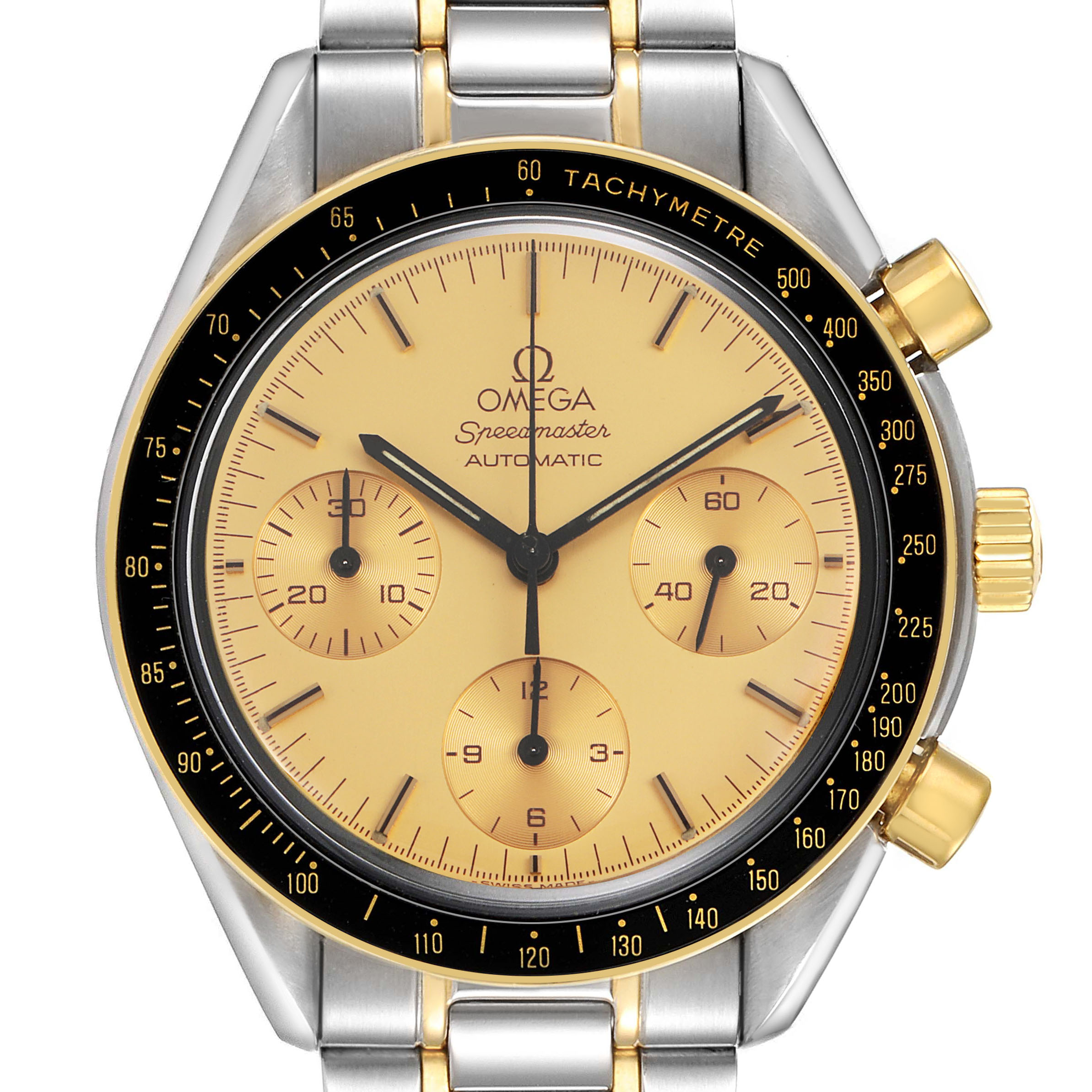 The Omega Speedmaster 3310.10.00 Men's Steel and Gold (two tone) Champagne Dial is shown from the front, displaying the dial, sub-dials, tachymeter bezel, and the side pushers.