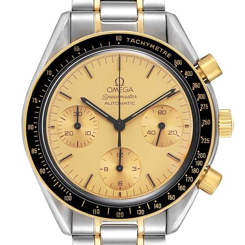 The Omega Speedmaster 3310.10.00 Men's Steel and Gold (two tone) Champagne Dial watch is shown from the front, displaying the dial, tachymeter bezel, and part of the bracelet.