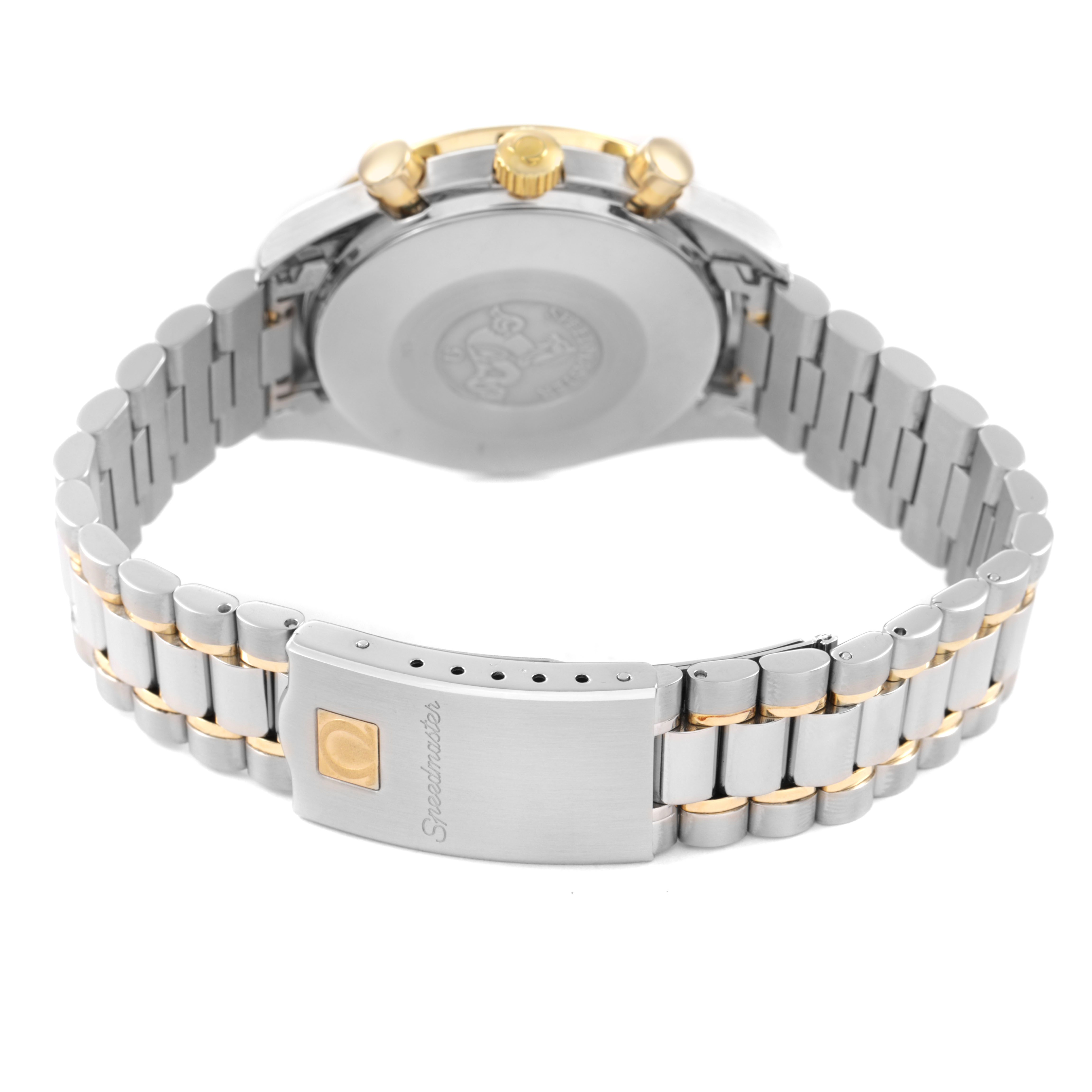 The Omega Speedmaster 3310.10.00 Men's Steel and Gold (two tone) Champagne Dial watch is shown from the back, highlighting the bracelet, clasp, and case back.
