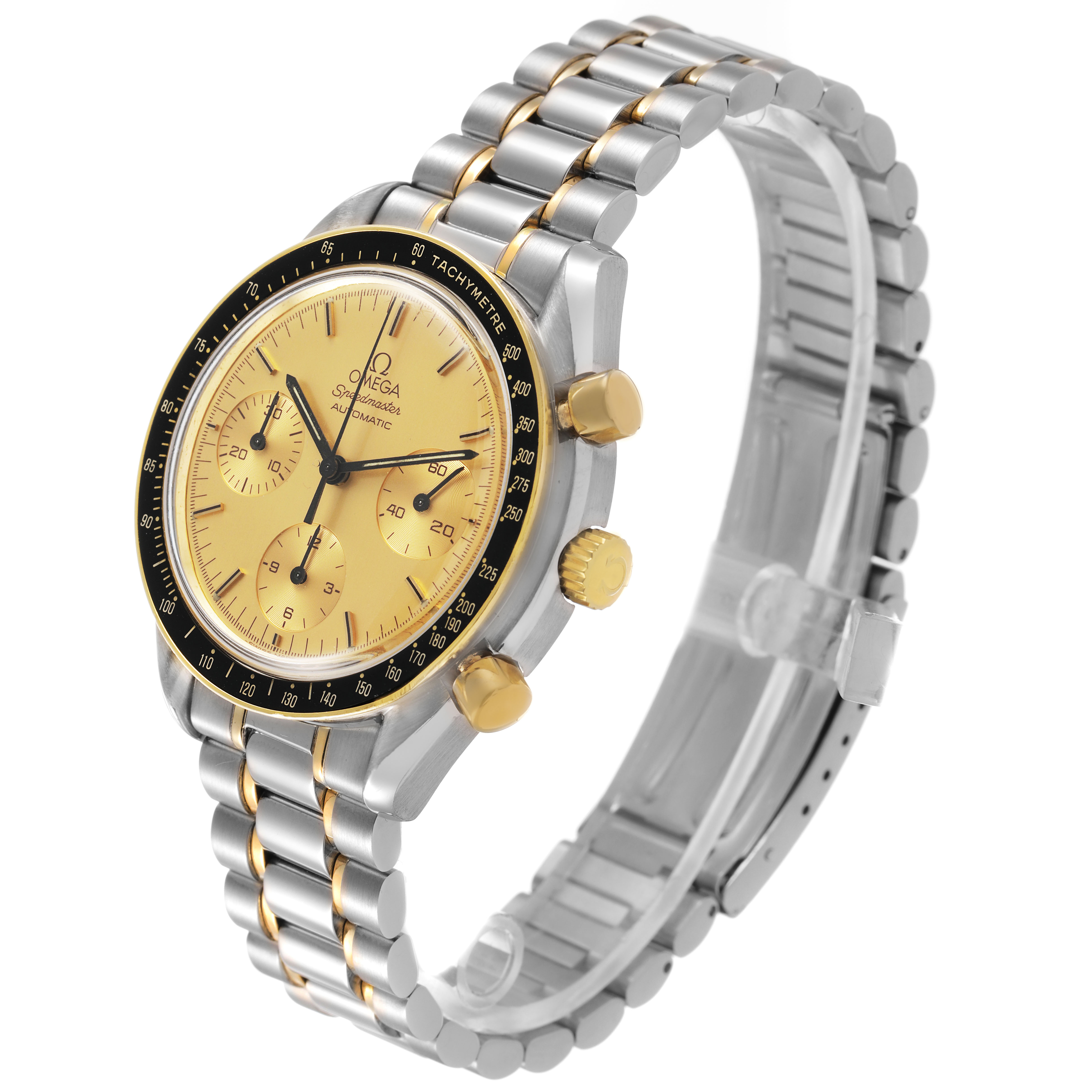 The Omega Speedmaster 3310.10.00 Men's Steel and Gold (two tone) Champagne Dial model is shown at a three-quarter angle, highlighting the bracelet, bezel, and dial.
