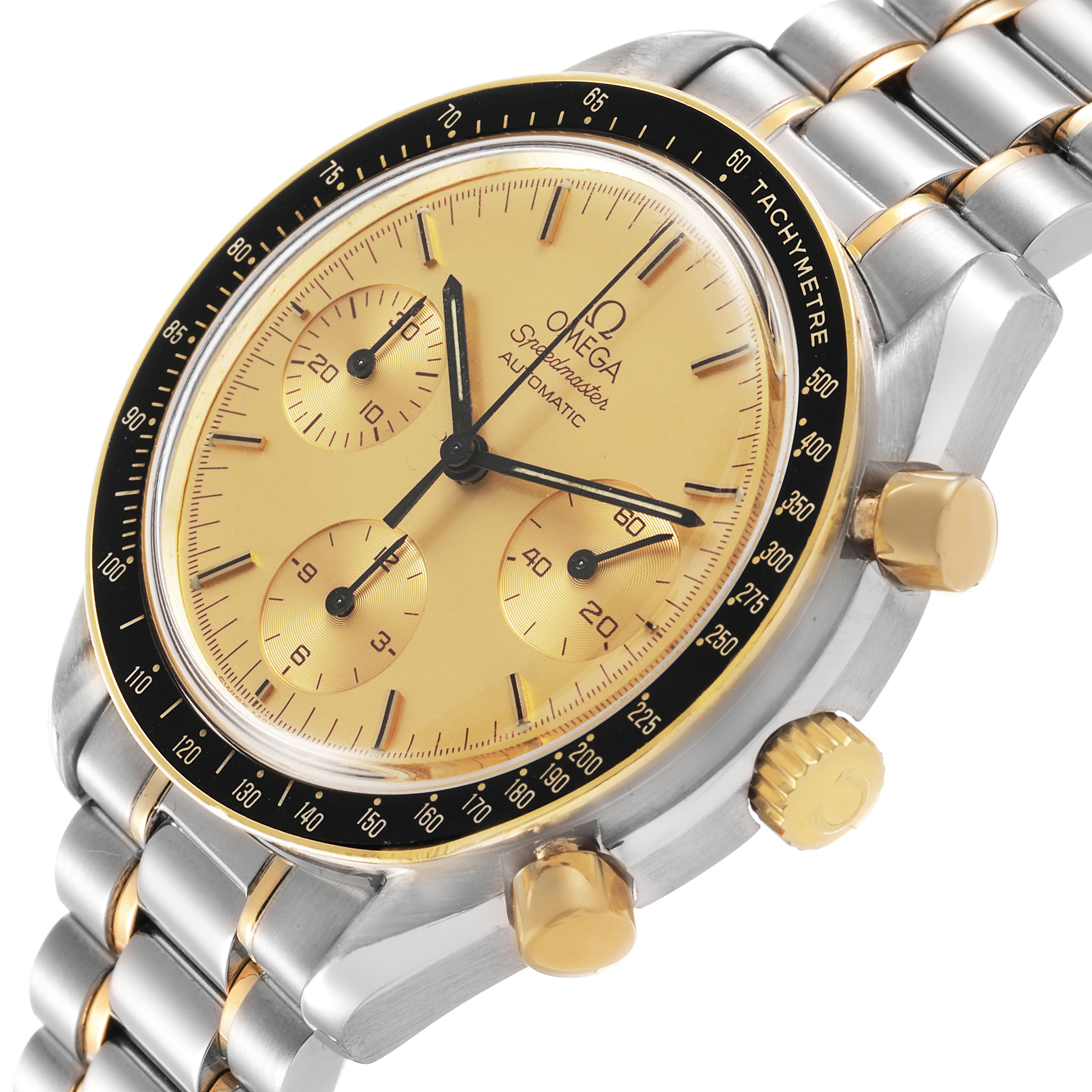 The Omega Speedmaster 3310.10.00 Men's Steel and Gold (two tone) Champagne Dial watch is shown at an angled close-up, highlighting the dial, bezel, pushers, and bracelet.