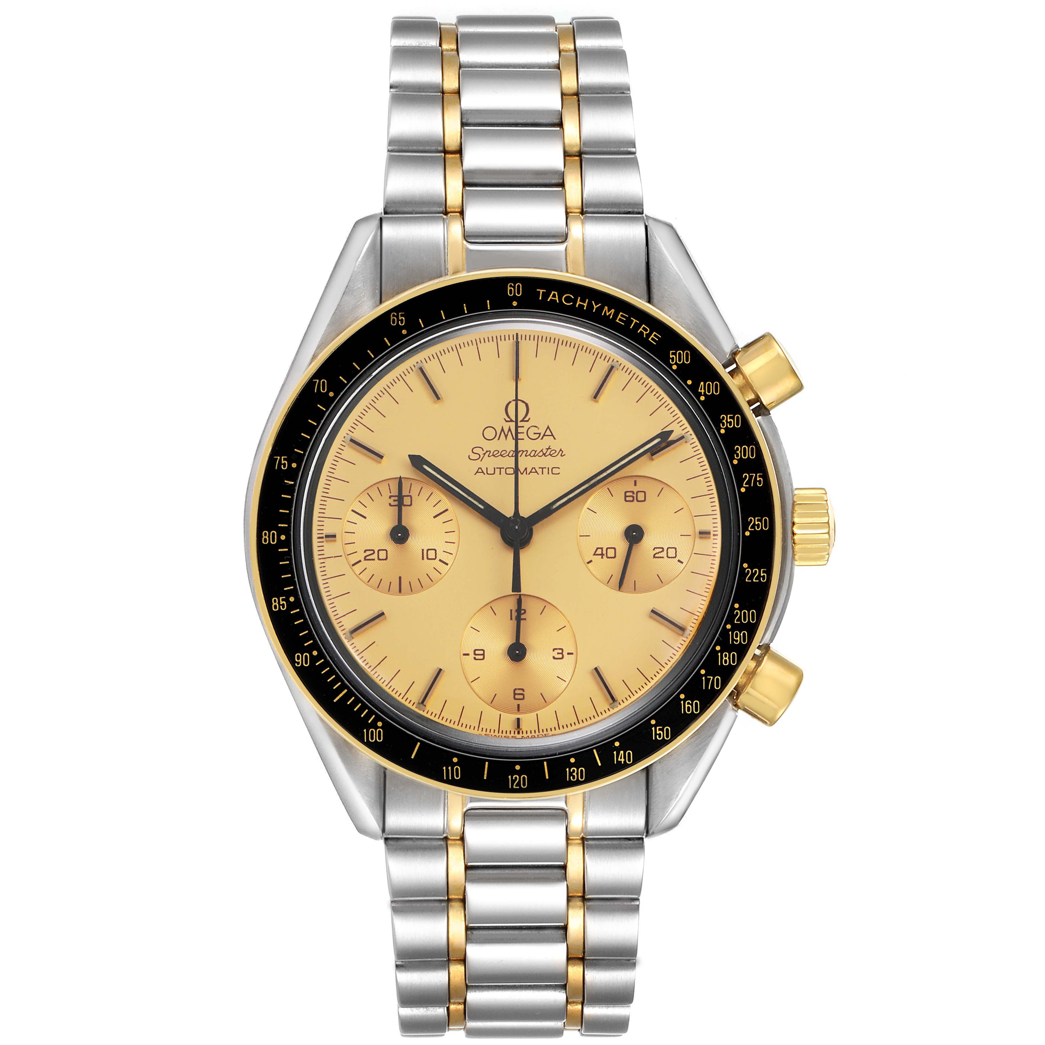 The Omega Speedmaster 3310.10.00 Men's Steel and Gold (two tone) Champagne Dial watch is shown from the front, highlighting the dial, bezel, and bracelet.