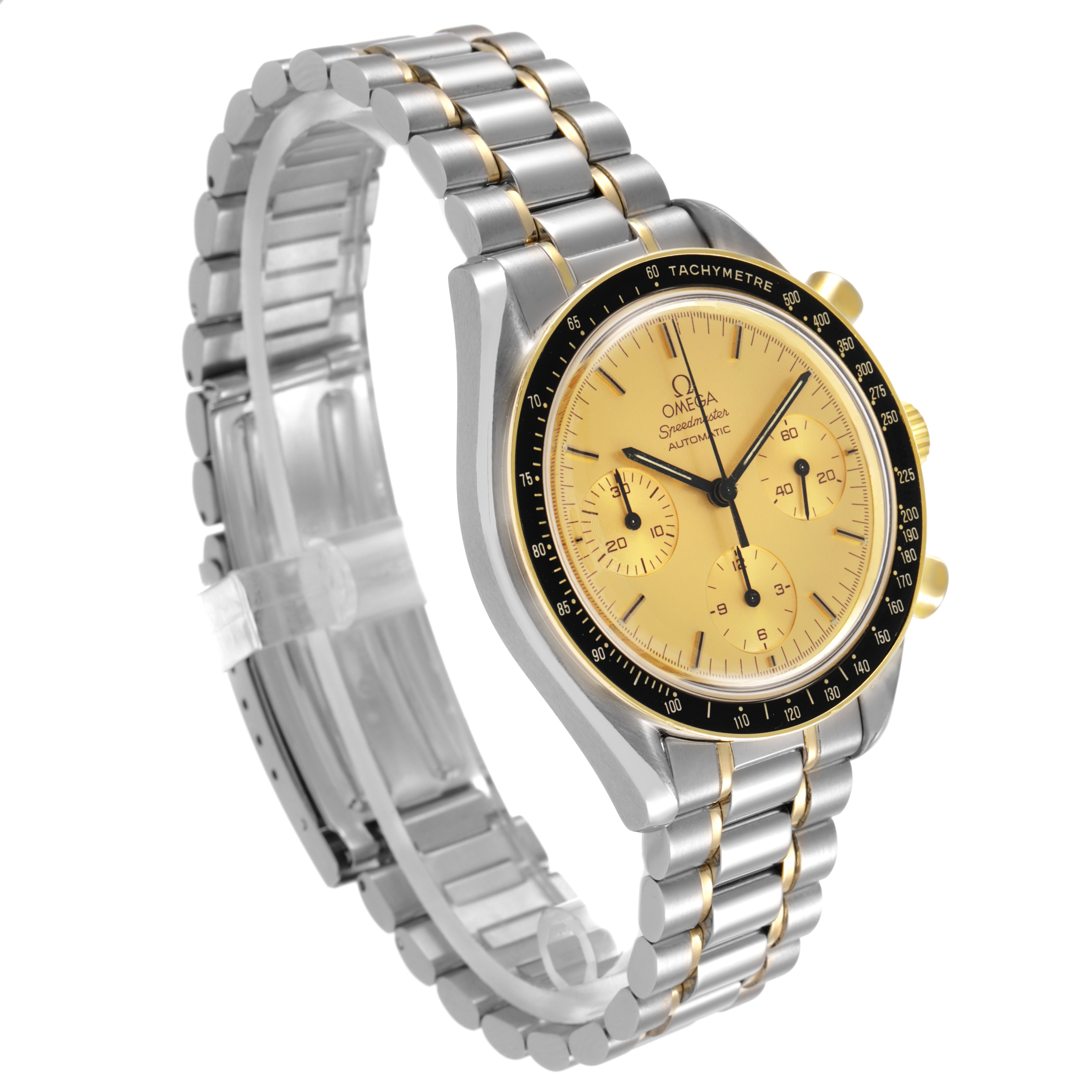 The Omega Speedmaster 3310.10.00 Men's Steel and Gold (two tone) Champagne Dial watch is shown at a three-quarter angle, displaying the dial, bezel, and two-tone bracelet.