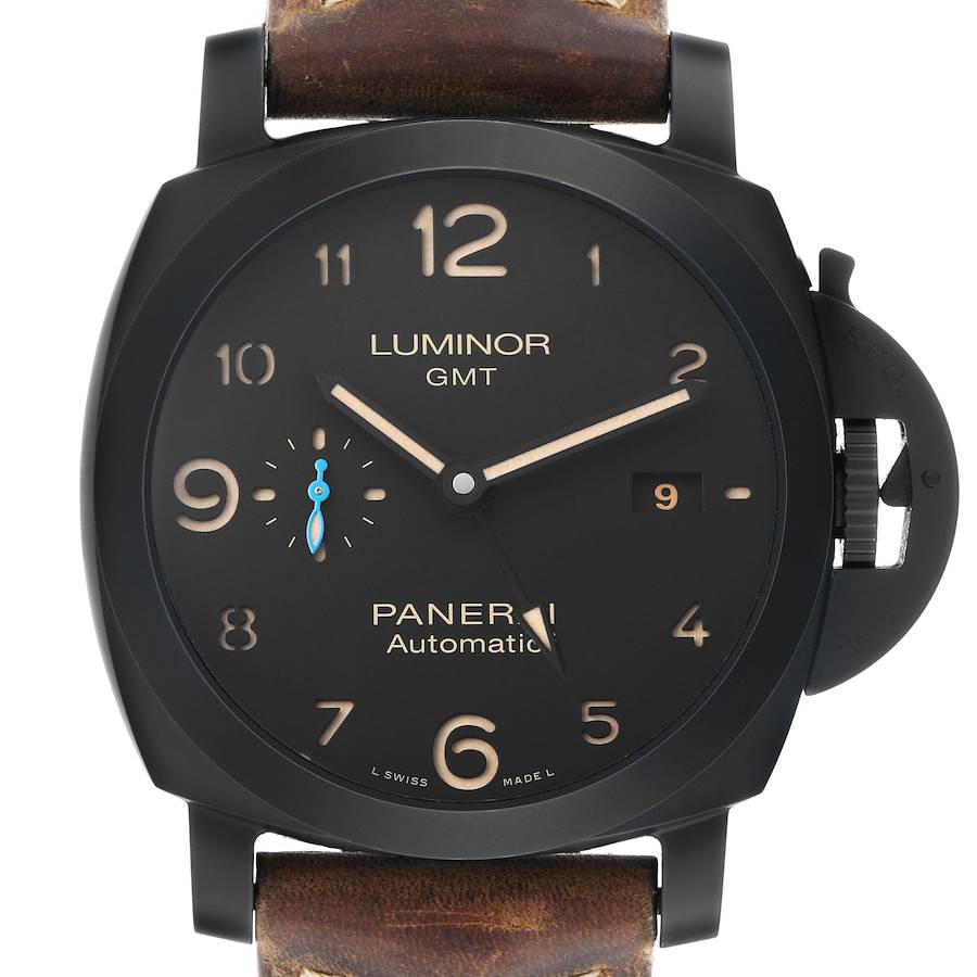 The image shows a front view of a Panerai Luminor PAM01441 Men's Ceramic Black Dial GMT watch with a black dial and brown leather strap.
