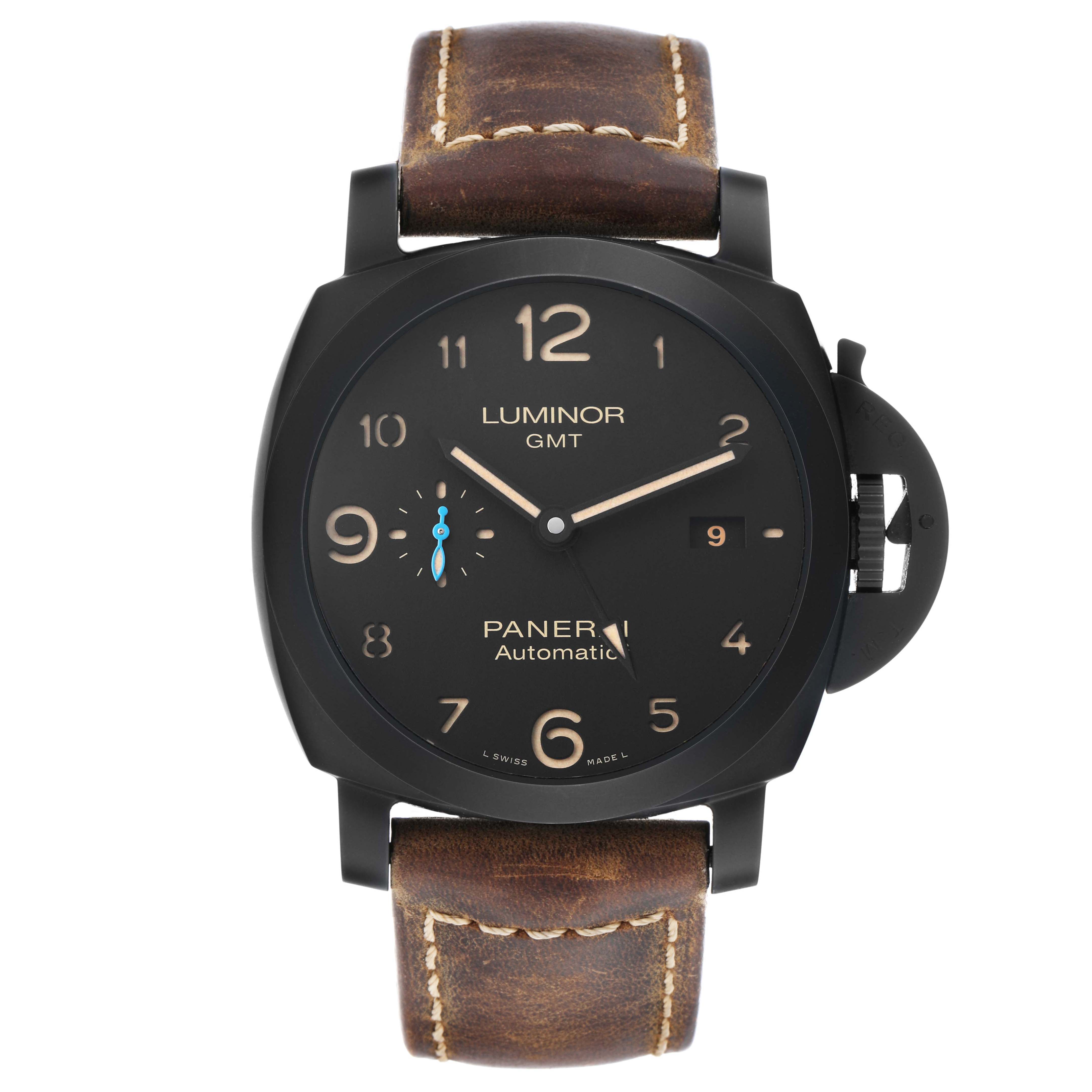 The Panerai Luminor PAM01441 Men's Ceramic Black Dial watch is shown from a front angle, displaying the dial, case, and leather strap.
