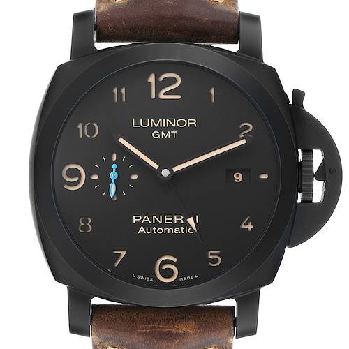 The Panerai Luminor PAM01441 Men's Ceramic Black Dial watch is shown from a front angle, displaying the dial, numerals, hands, and part of the strap.
