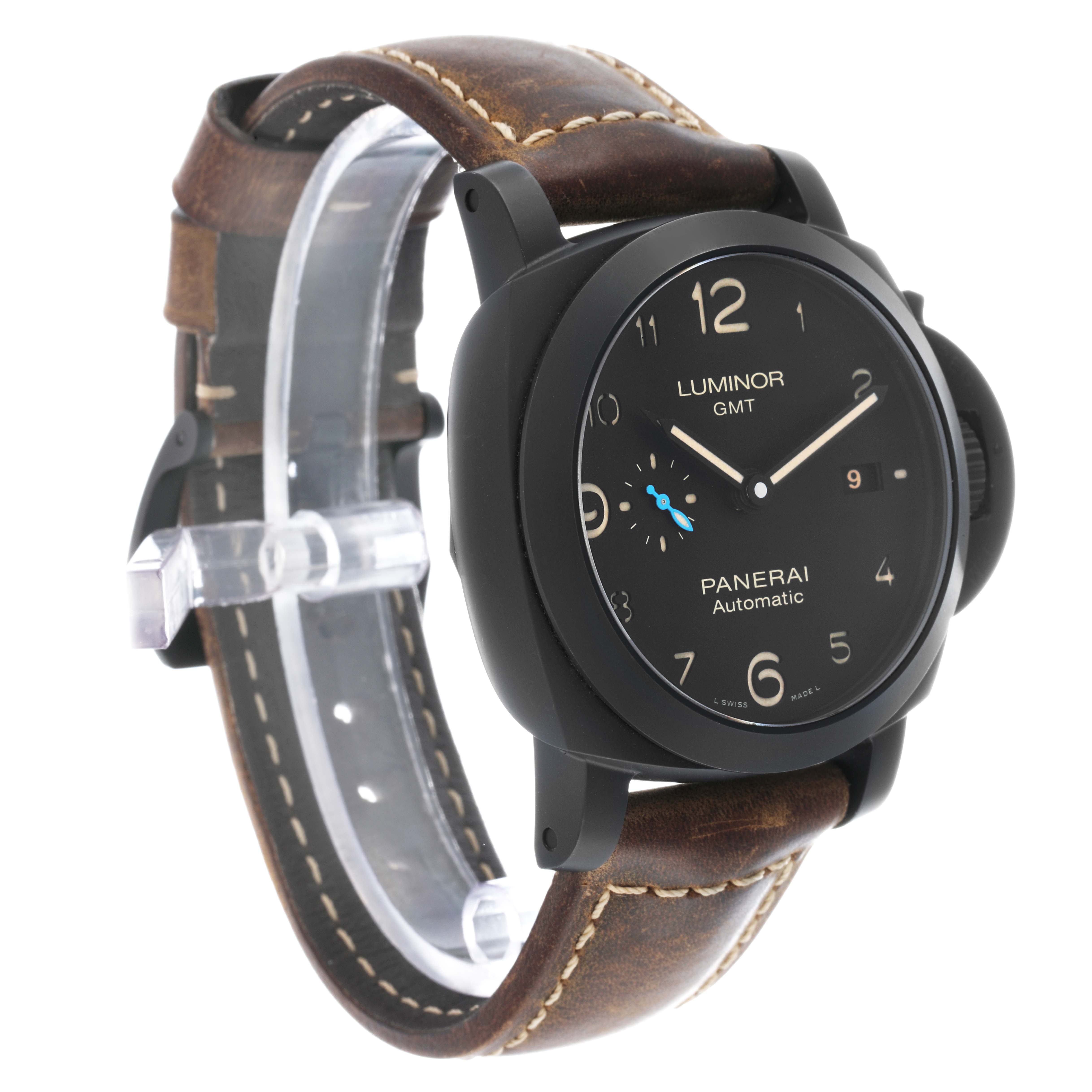 The Panerai Luminor PAM01441 Men's Ceramic Black Dial watch is shown at a three-quarter angle, featuring the face, crown guard, and leather strap.