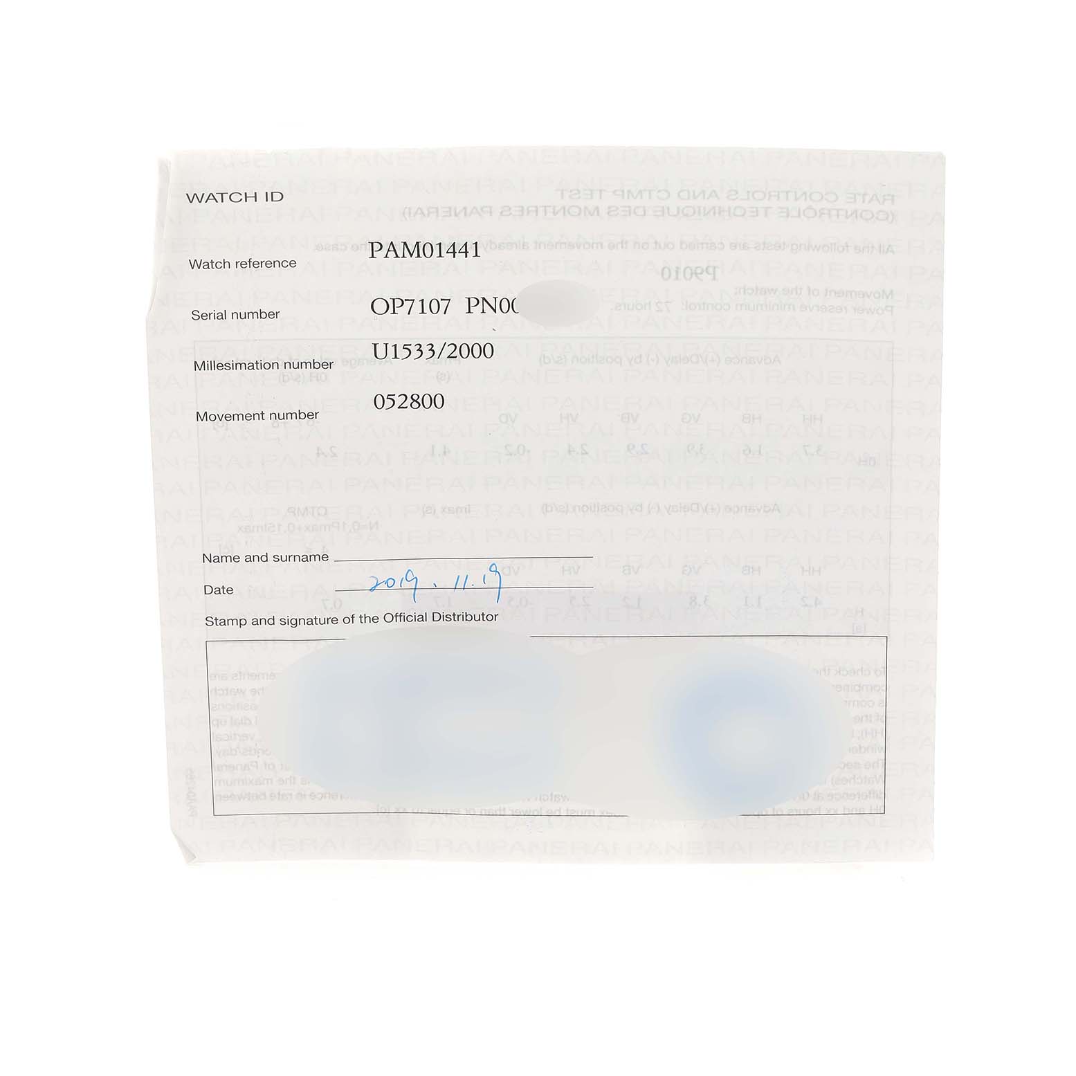 The image shows a document certifying details for a Panerai Luminor PAM01441 Men's Ceramic Black Dial watch, including model and serial numbers.