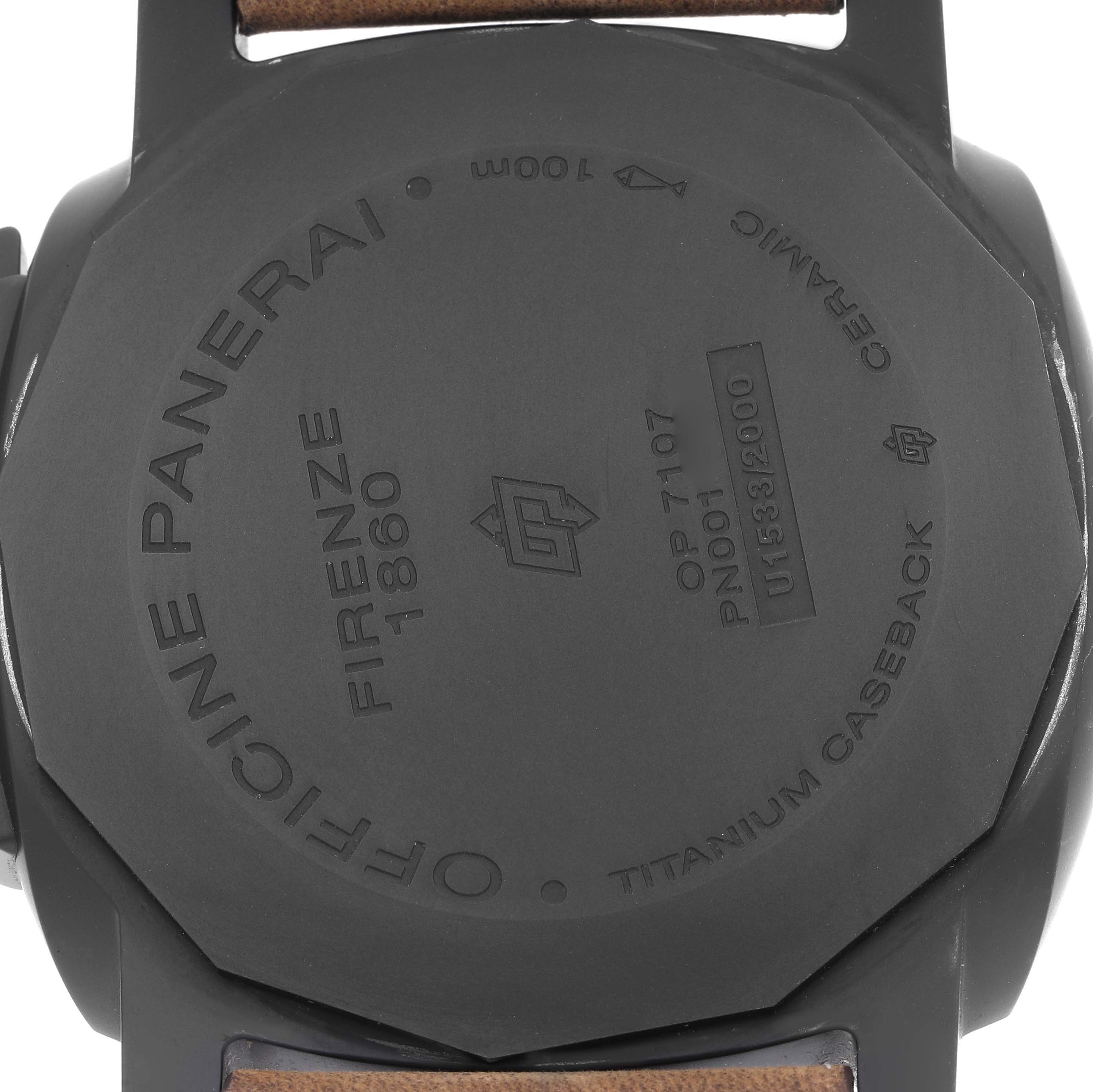 The image shows the back of a Panerai Luminor PAM01441 Men's Ceramic Black Dial watch, highlighting its titanium caseback and engraved details.