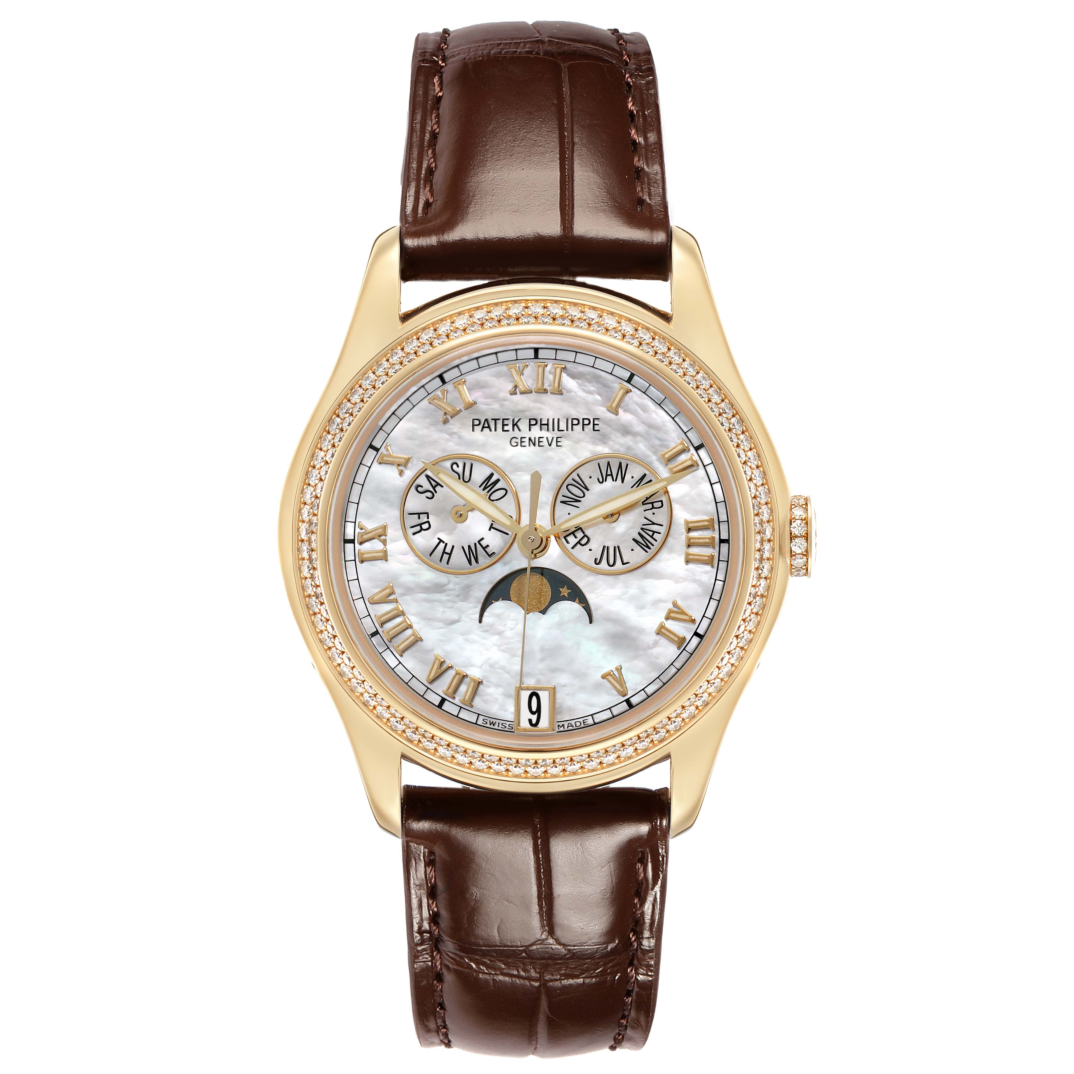 The Patek Philippe Complications 4936J - 001 Men's Yellow Gold Mother of Pearl Dial watch is shown from the front, displaying the dial, case, and leather strap.