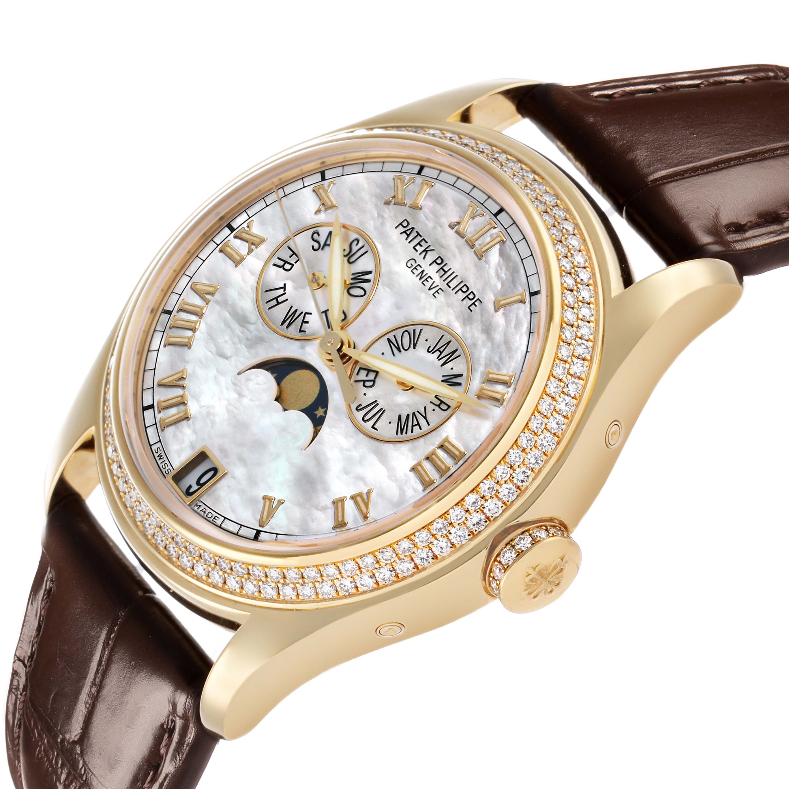 The Patek Philippe Complications 4936J - 001 Men's Yellow Gold Mother of Pearl Dial watch is shown at a three-quarter angle, highlighting the dial, case, and leather strap.
