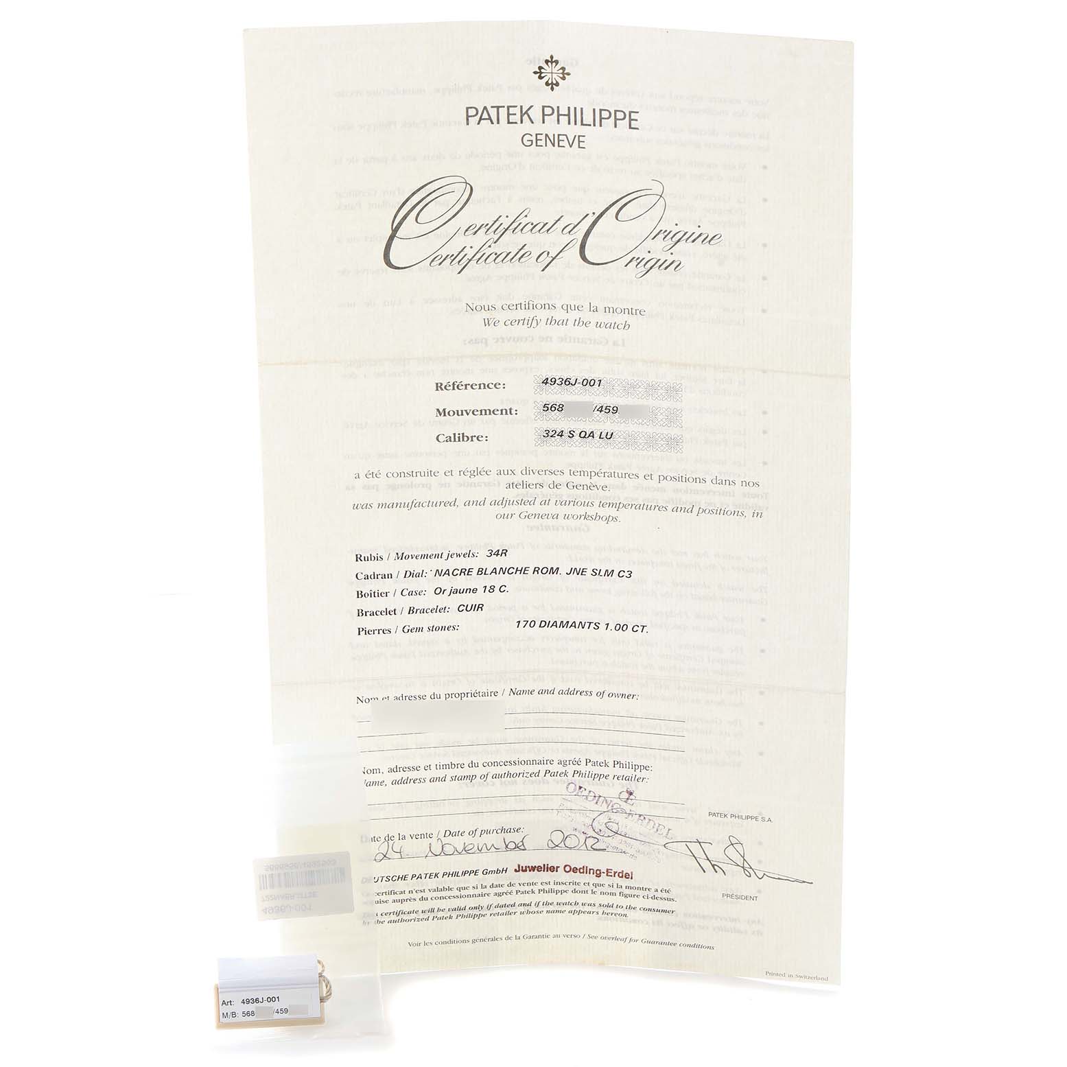 The image shows the Certificate of Origin and documentation for a Patek Philippe Complications 4936J - 001 Men's Yellow Gold Mother of Pearl Dial model, displayed flat.