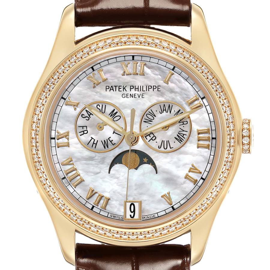 The Patek Philippe Complications 4936J - 001 Men's Yellow Gold Mother of Pearl Dial watch is shown from the front, displaying the dial, subdials, moon phase, and leather strap.