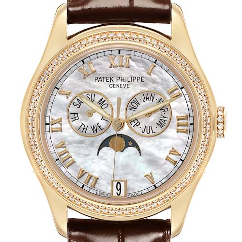 The Patek Philippe Complications 4936J - 001 Men's Yellow Gold Mother of Pearl Dial watch is shown from the front, highlighting its face, dials, moon phase, and diamond-set bezel.