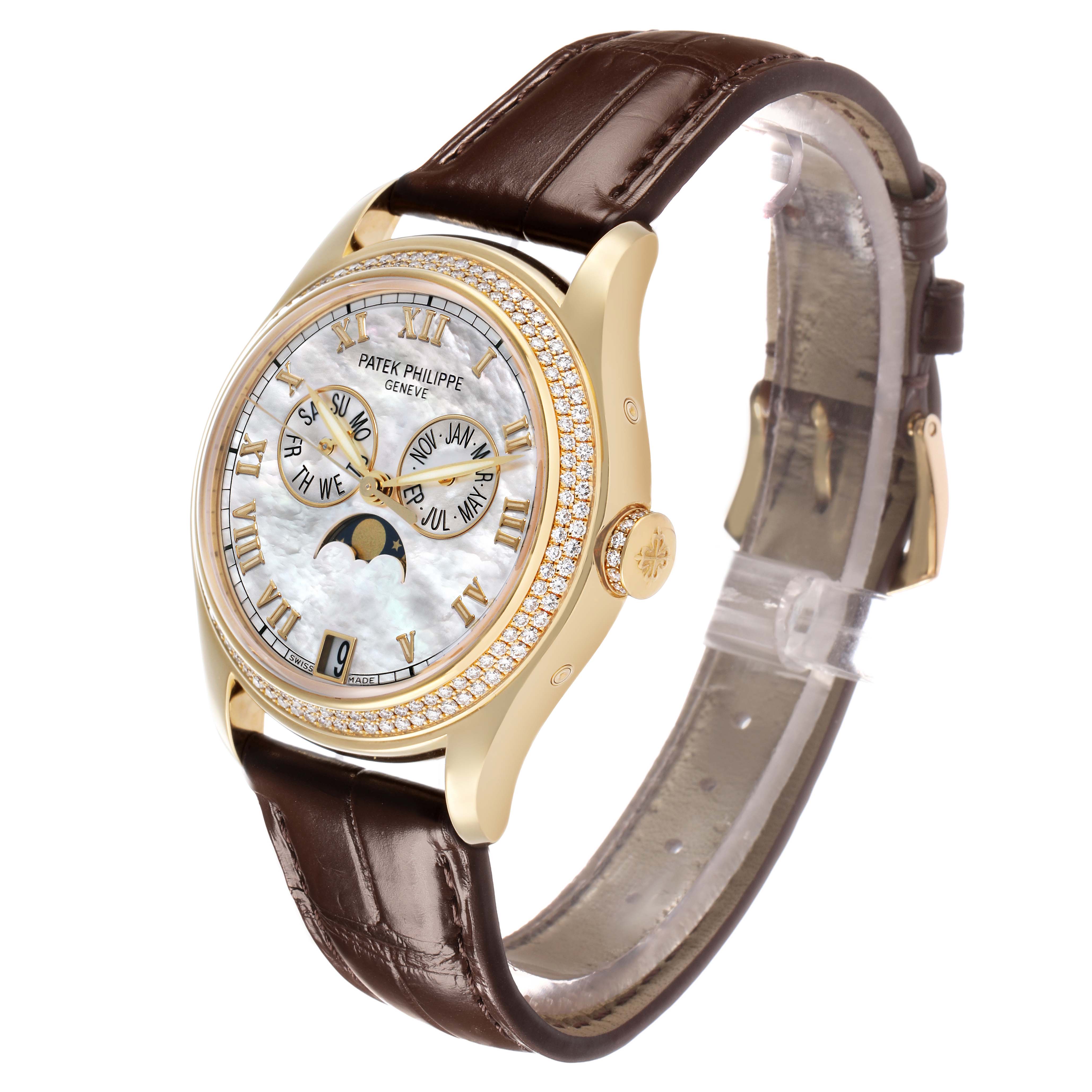 The image shows a Patek Philippe Complications 4936J - 001 Men's Yellow Gold Mother of Pearl Dial watch at a three-quarter view, highlighting its dial, bezel, and leather strap.