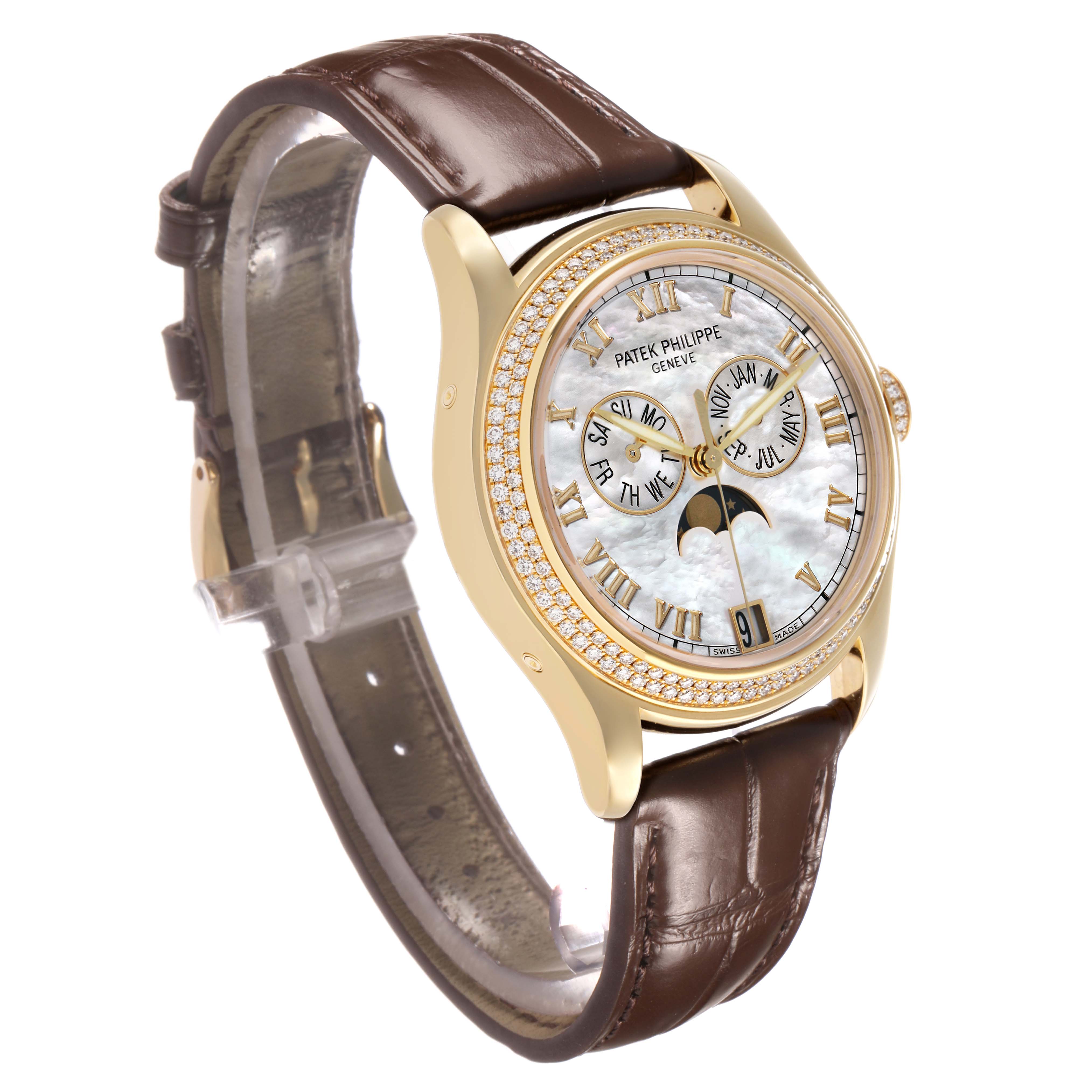 The image shows a side-angle view of a Patek Philippe Complications 4936J - 001 Men's Yellow Gold Mother of Pearl Dial watch, highlighting its face, bezel, and leather strap.