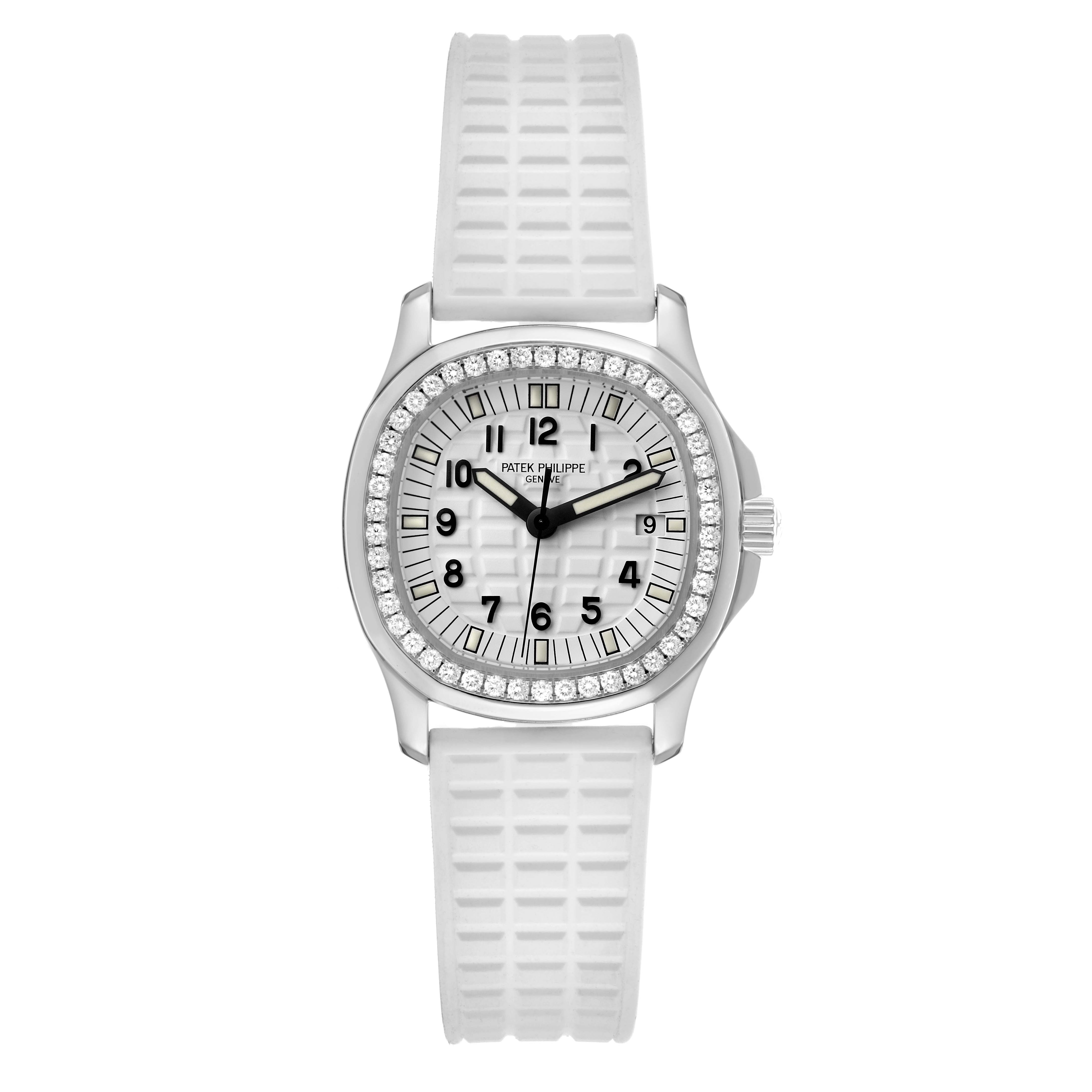 The Patek Philippe Aquanaut 5267A Women's Stainless Steel White Dial watch is shown from a front angle, highlighting the face, bezel, and strap.