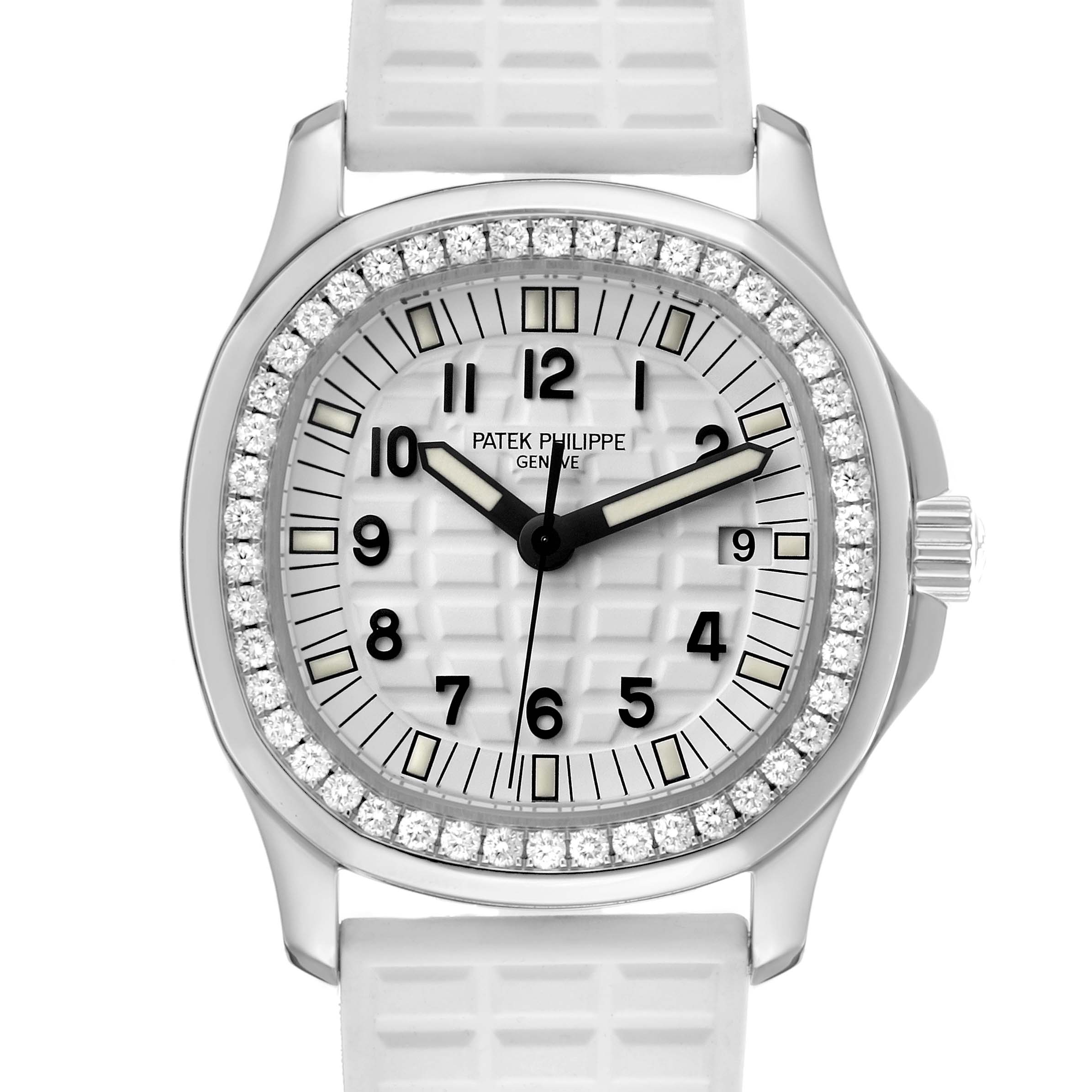 The Patek Philippe Aquanaut 5267A Women's Stainless Steel White Dial watch is shown from a front angle, displaying the face, bezel with diamonds, and strap attachments.