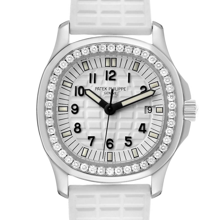 The Patek Philippe Aquanaut 5267A Women's Stainless Steel White Dial watch is shown from a front angle, displaying the face, bezel with diamonds, and strap attachments.