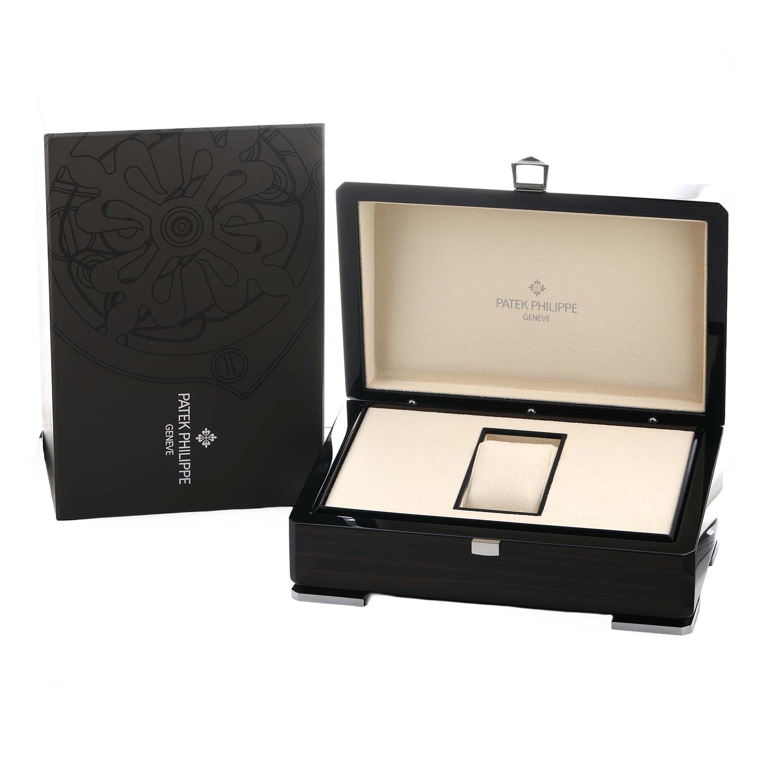 The image shows an open Patek Philippe Aquanaut 5267A Women's Stainless Steel White Dial box with a separate outer cover, displaying the interior padding.