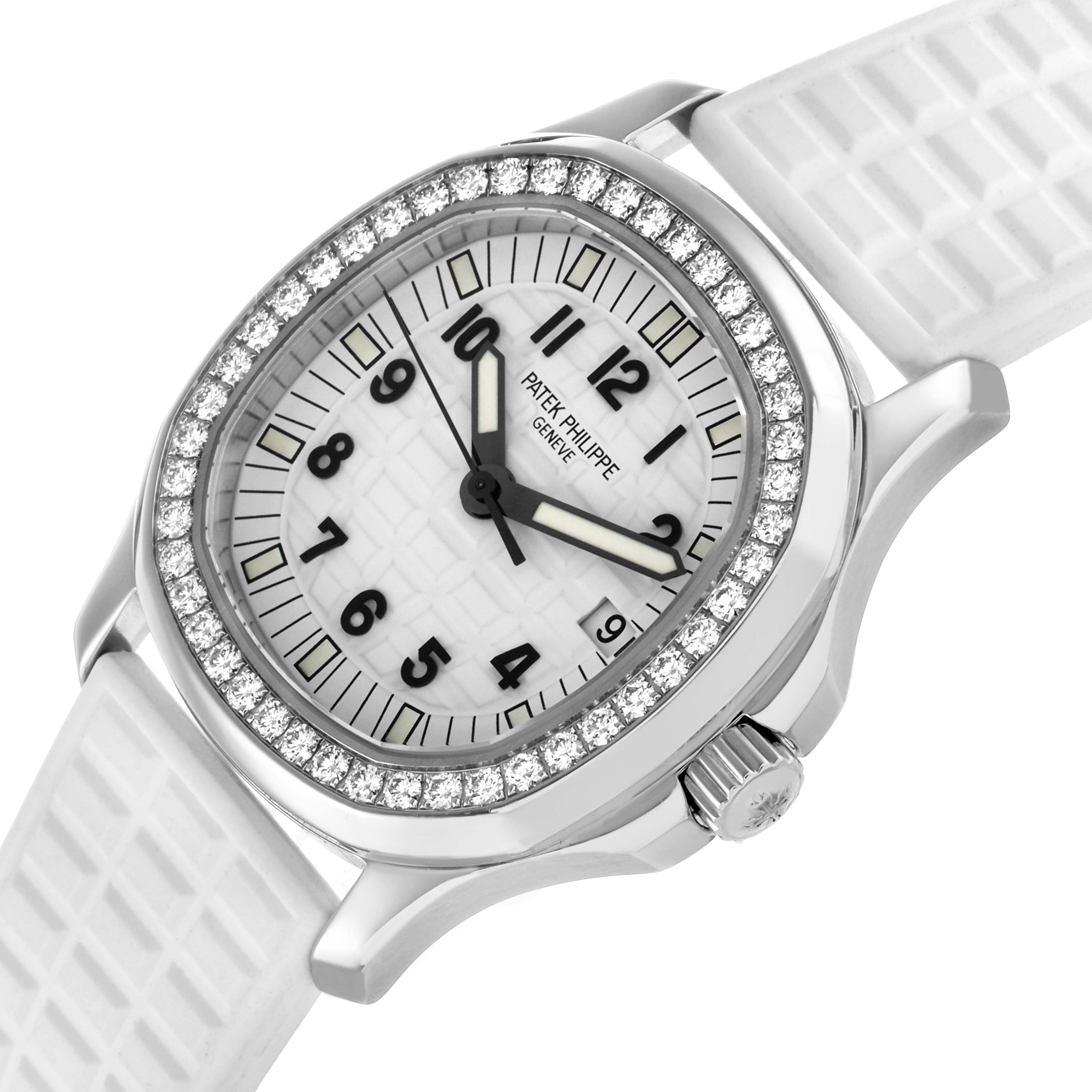 The Patek Philippe Aquanaut 5267A Women's Stainless Steel White Dial watch is shown at a slight angle, highlighting the dial, bezel, crown, and strap.