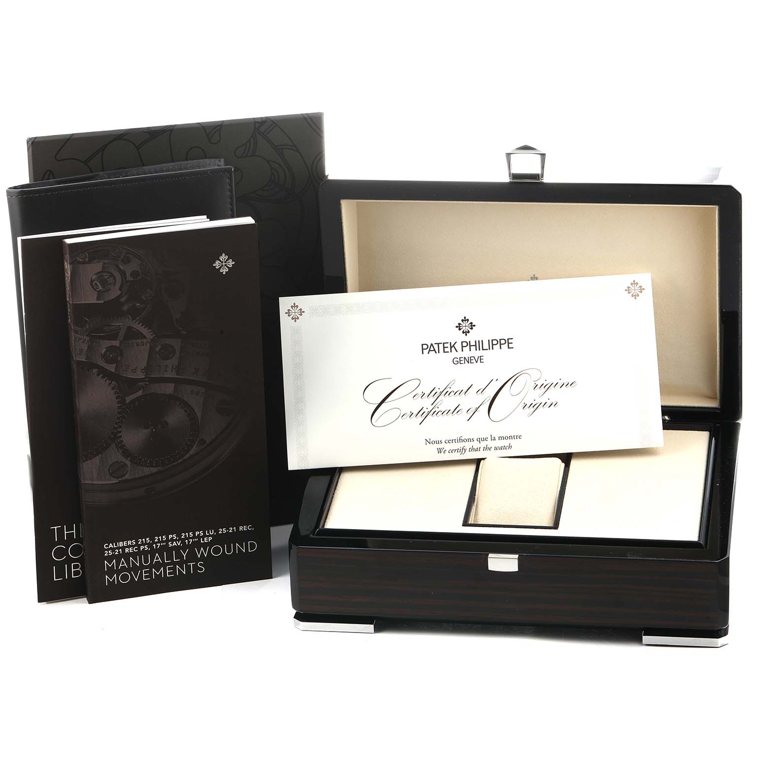 The image shows the packaging and documentation for a Patek Philippe Calatrava 5119G Men
s White Gold White Dial watch, including a certificate and manuals.