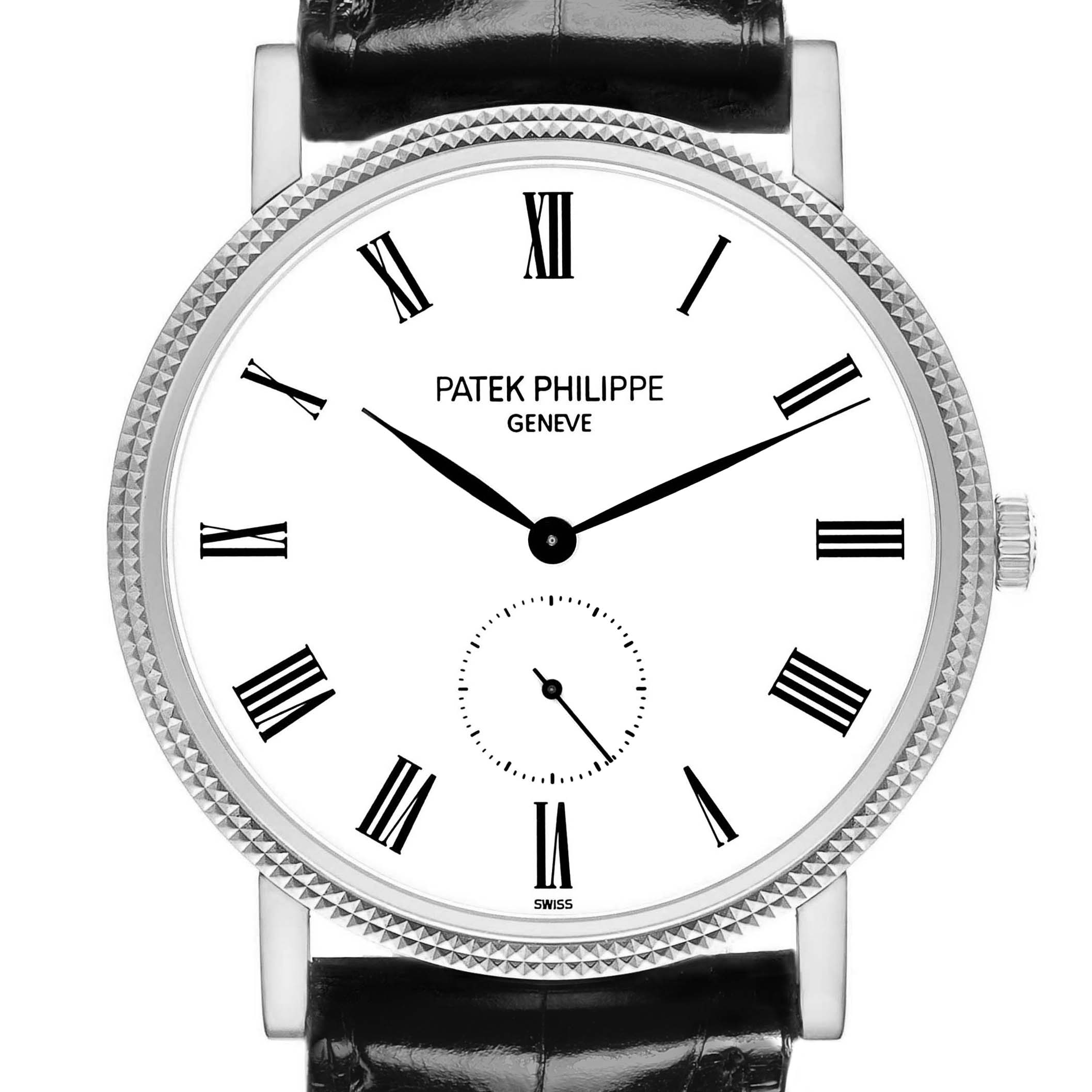The Patek Philippe Calatrava 5119G Men
s White Gold White Dial watch is shown from the front, highlighting its dial, Roman numerals, and leather strap.