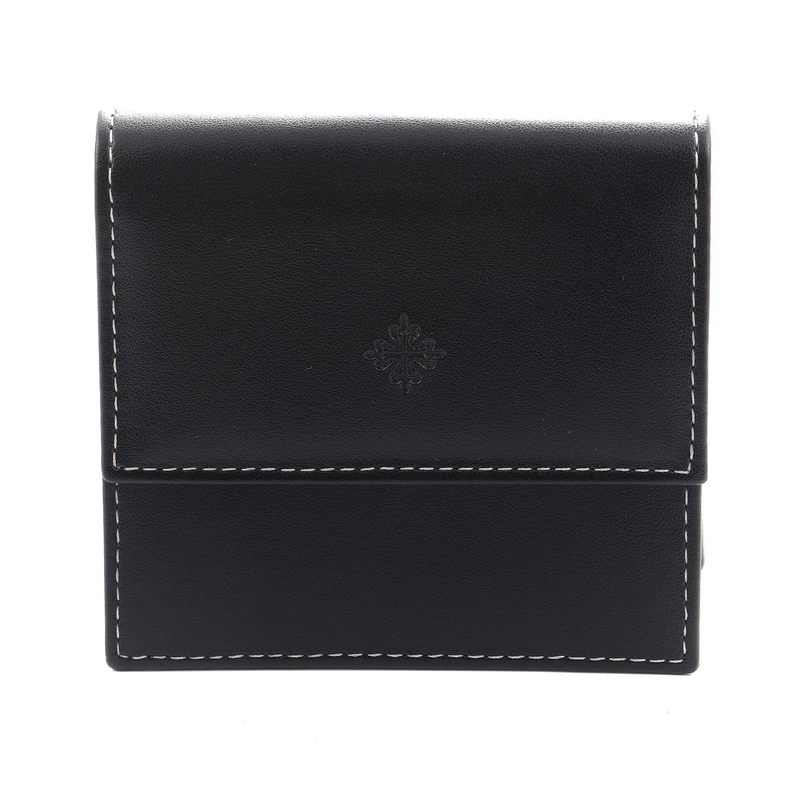 This image shows a black leather pouch with white stitching, likely a watch accessory for a Patek Philippe Golden Ellipse 3848 Women's Yellow Gold Mother of Pearl Dial model.