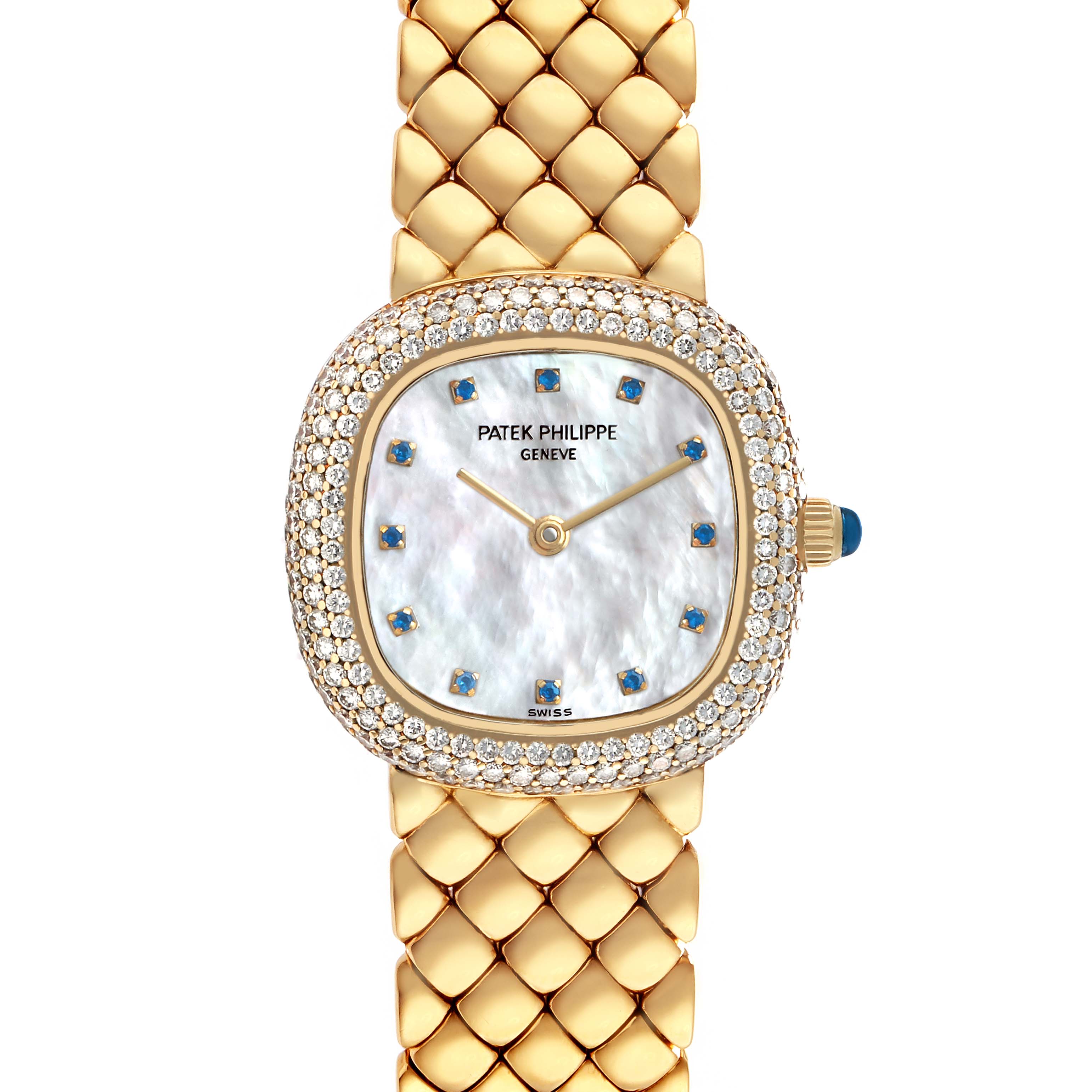 The Patek Philippe Golden Ellipse 3848 Women's Yellow Gold Mother of Pearl Dial watch is shown from a top view, displaying the face, dial, case, and metal bracelet.